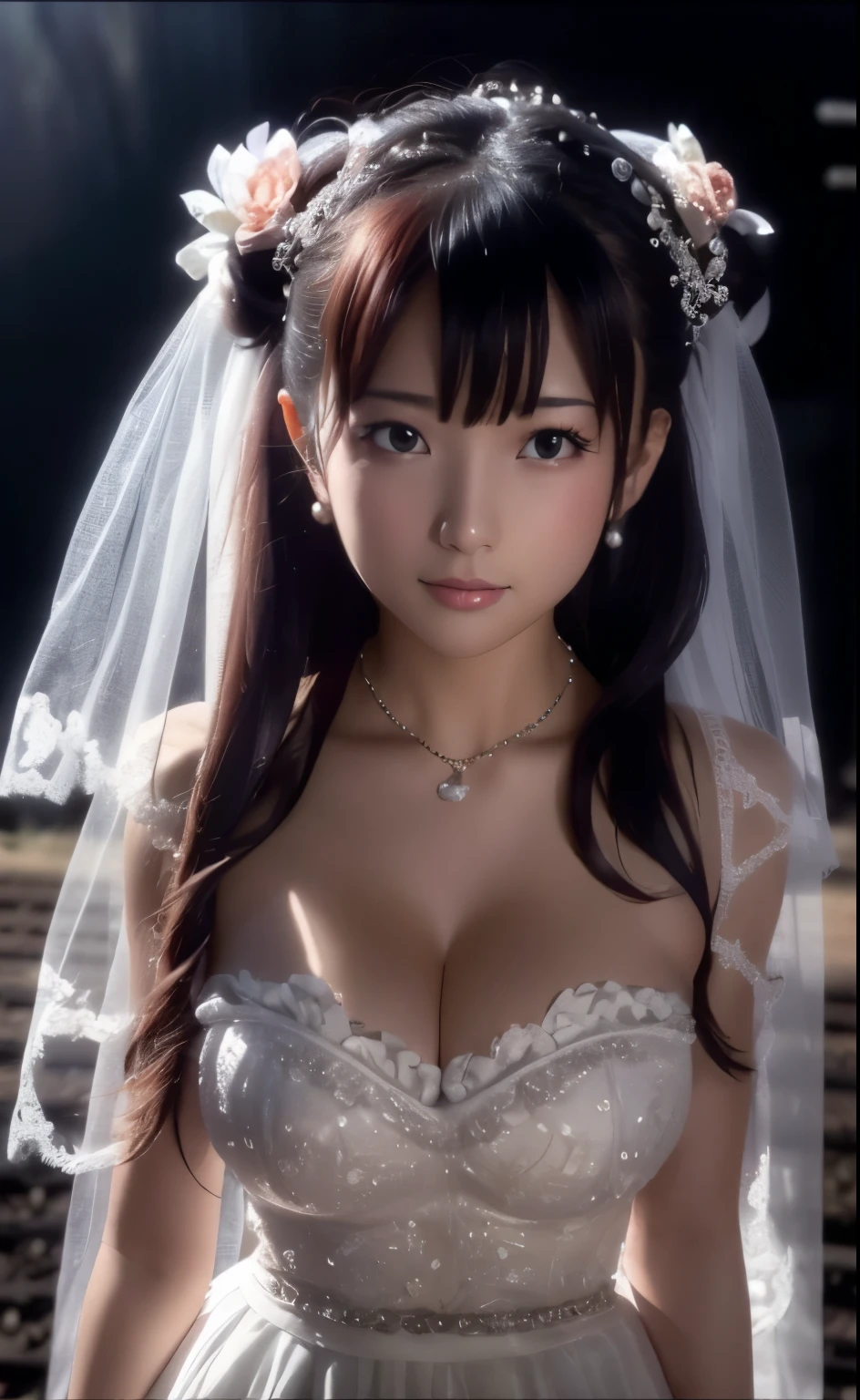 (((Pixel perfect, Perfect details))), alone, 1 girl，bride, yuigahama yui， pout， 美丽bride穿美麗婚紗的特写,Gurwitz, (((bride頭紗)))，（transparent short veil），blush，eye shadow，Blushing face，Head flower，headgear，((bouquet))，((((tube top wedding dress))))，(((strapless wedding dress))),(bare shoulders)，pure white dress，(necklace)，((earrings))，(large breasts:1.3)，Bangs，lipstick，((White long elbow gloves)),Half-length photo,High-detail RAW color art,White long skirt,There is a railway track next to it，(standing on the railroad tracks:1.3),18 years old, （long twintails：1.5）,(double bun:1.5), black hair,