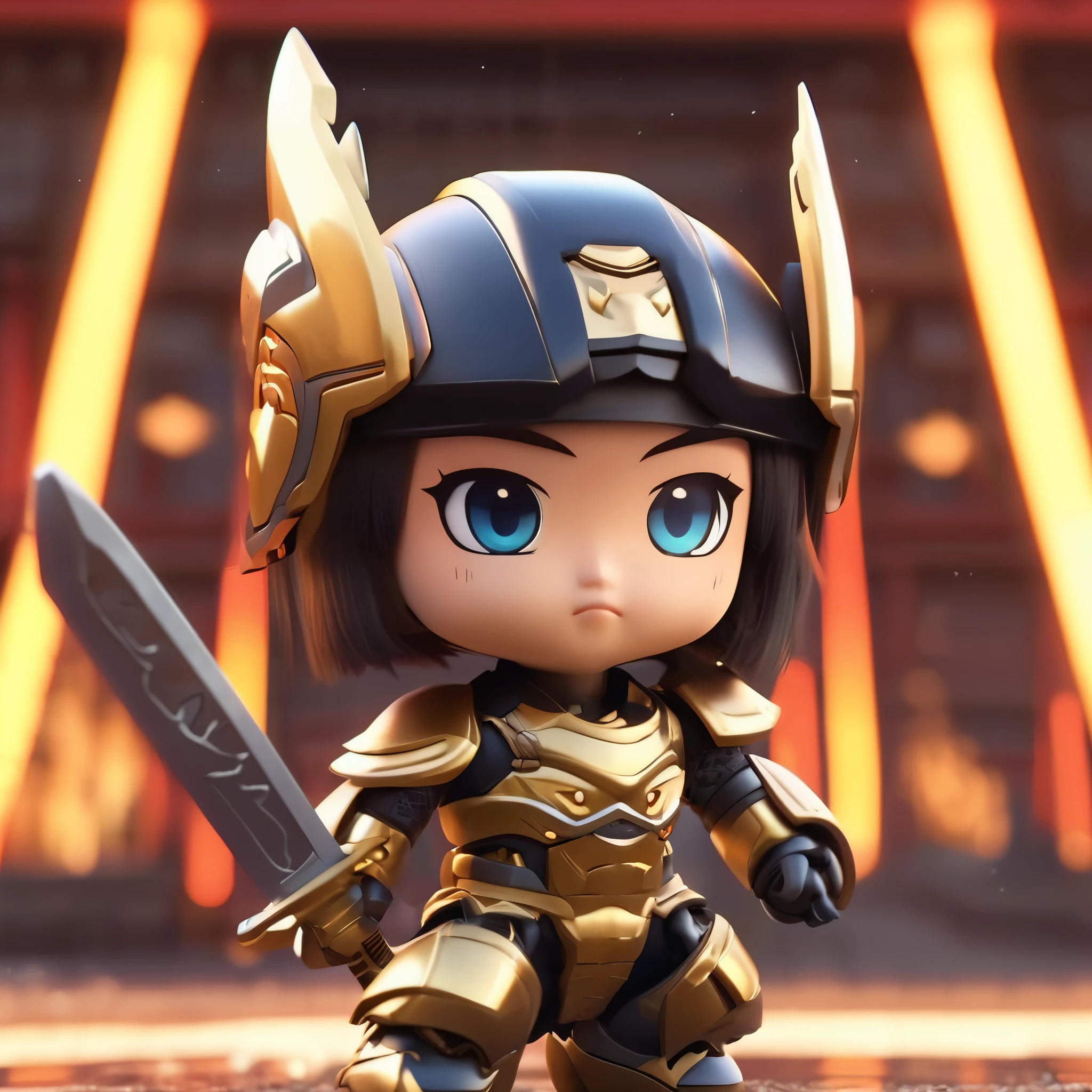 一个帅气的中国元素Mecha战士,chibi,man,steady,wearing a helmet,Light black eyes,( Obre:1 3) long hair,Outdoor activities,natural lighting,film grain,warrior寺,light, warrior, (universe),(holding sword:1.3), (Fight with other characters:1.2), luminescent, armor, luminescent eyes, Mecha,