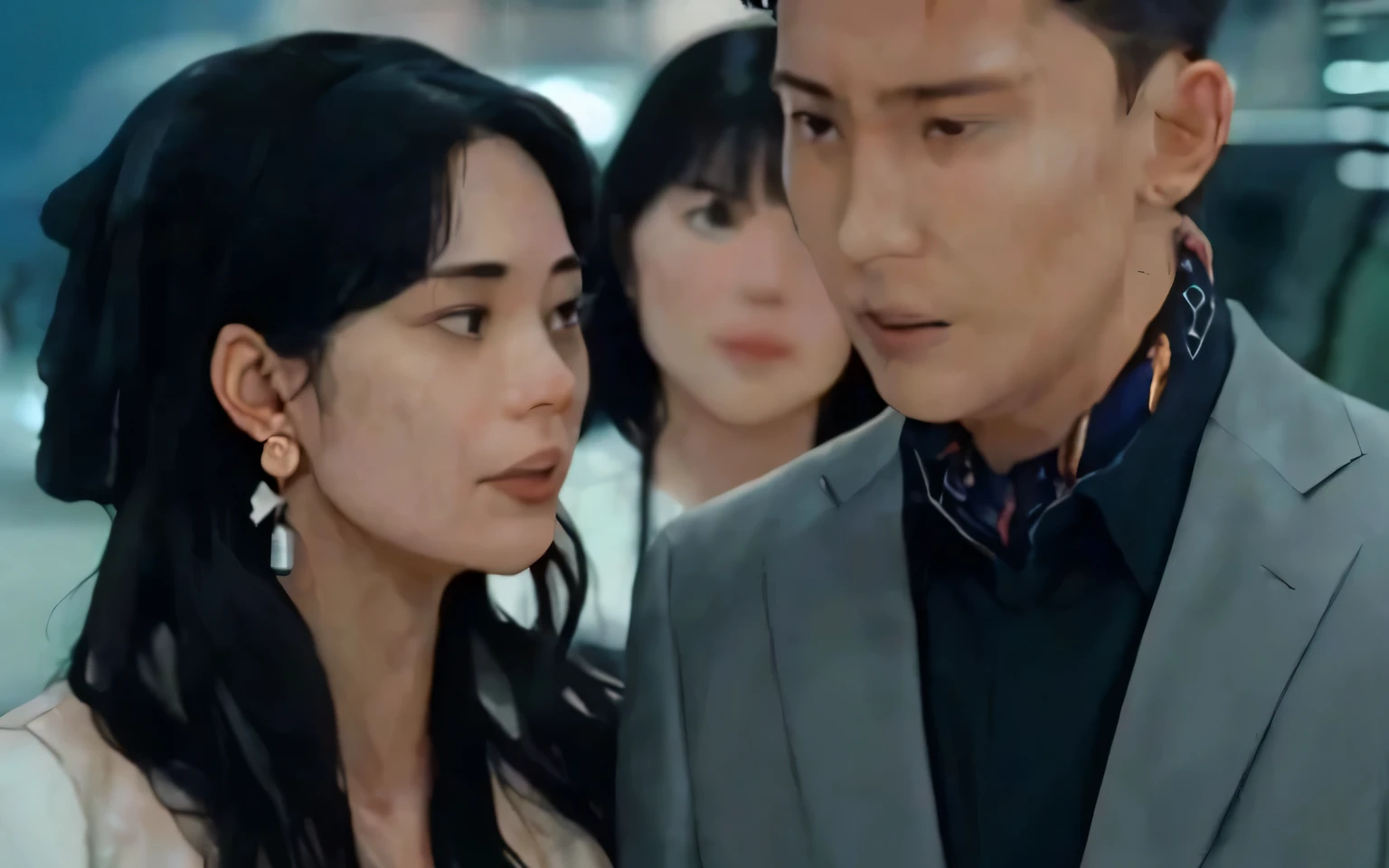 a close up of a person standing next to a woman, Movie screenshots, Key scenes in the movie, movie scene, 真人movie scene, Still in the movie, very handsome, movie stills, Live action movie stills, Still inside, look around him, Extremely handsome, high drama