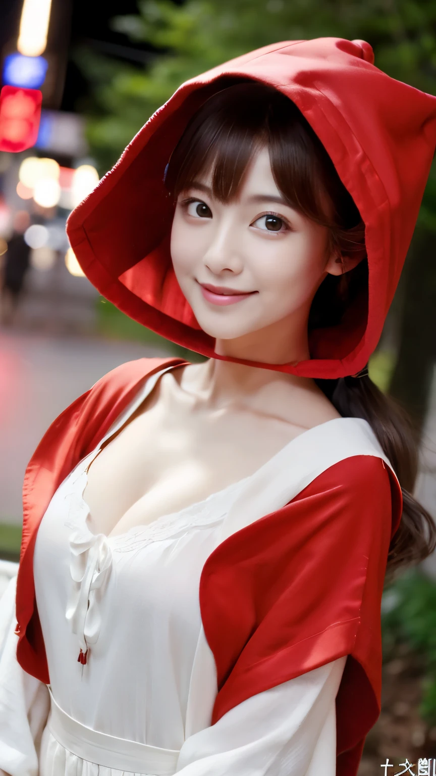 (8k、RAW photo、highest quality、masterpiece:1.5)、(realistic、Photoreal:1.5)、super detailed、超A high resolution、cinematic lighting、(((Beauty in red)))、(((26 year old cute girl from Japan)))、(((Wearing sexy clothes with a Little Red Riding Hood motif)))、、cute smile、Fun and energetic atmosphere、dynamic angle、dynamic lighting、big breasts、cleavage、in the deep forest、full body shot、walking、brown hair、have a small basket、Wearing a red hood、Nogizaka46