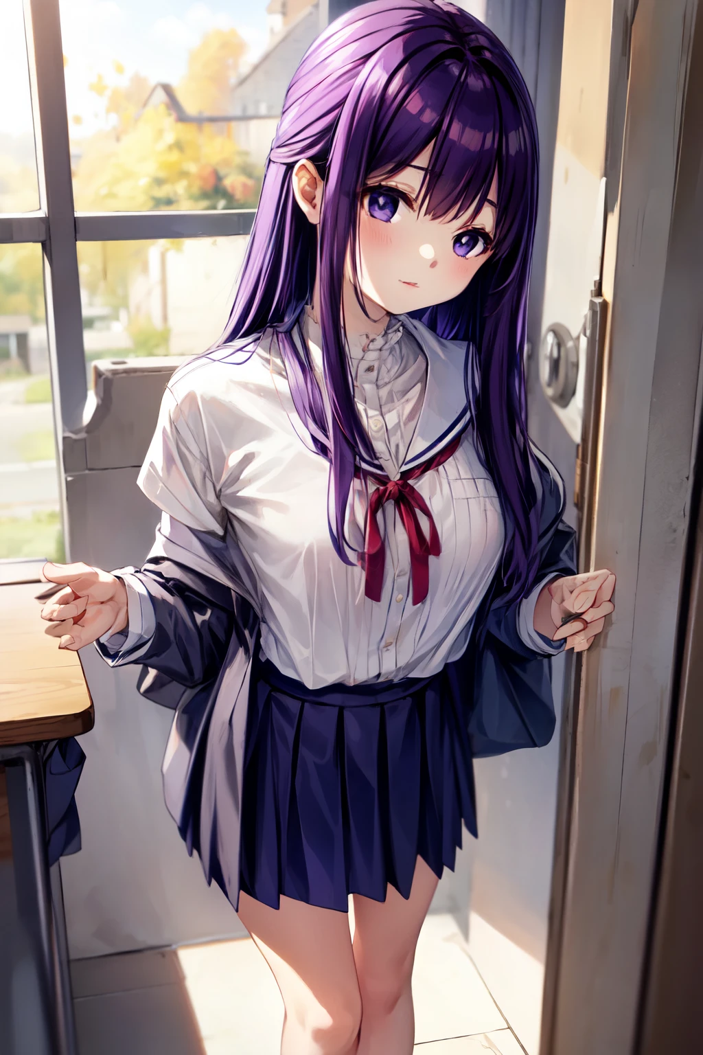 High school girl wearing uniform、white shirt、wearing a red ribbon、Wearing a skirt、Ecup、hair is purple