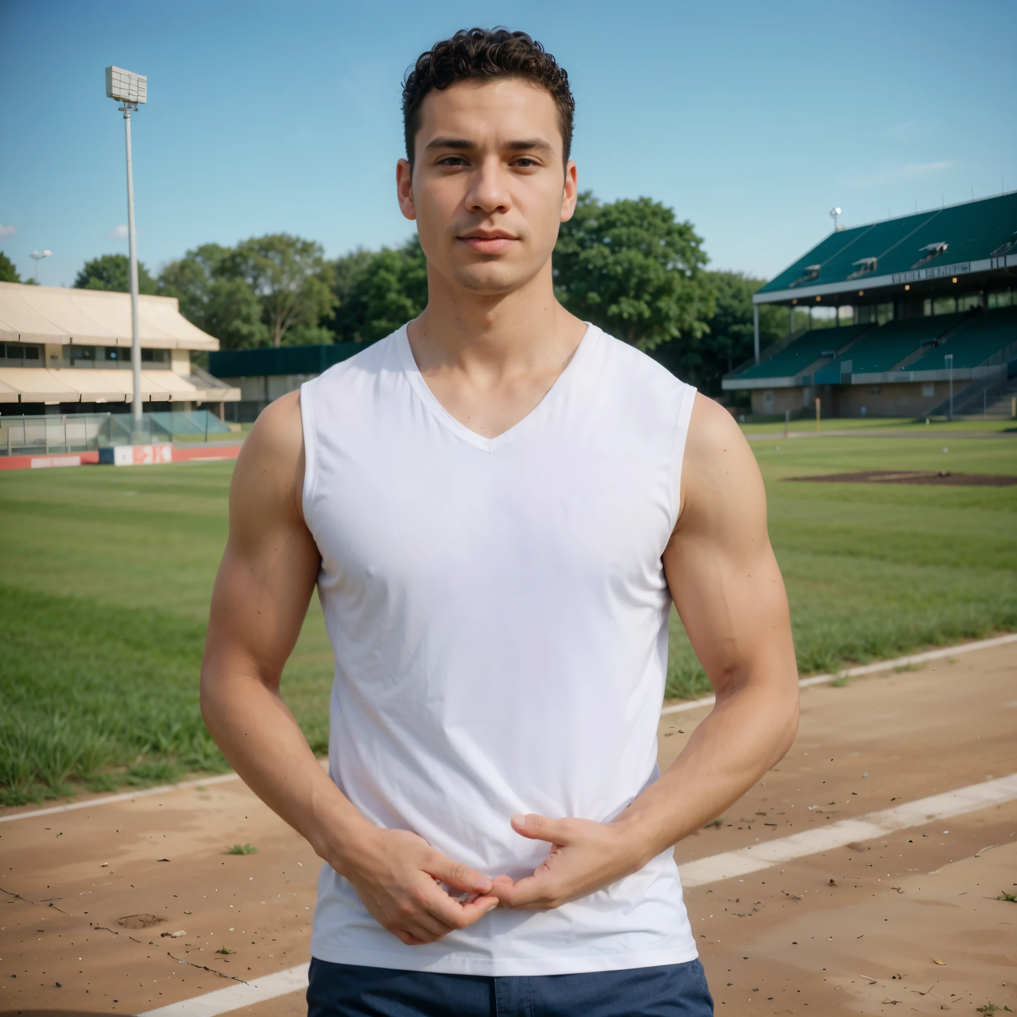 (the background is sports fields ),(((a man with short curly hair)))