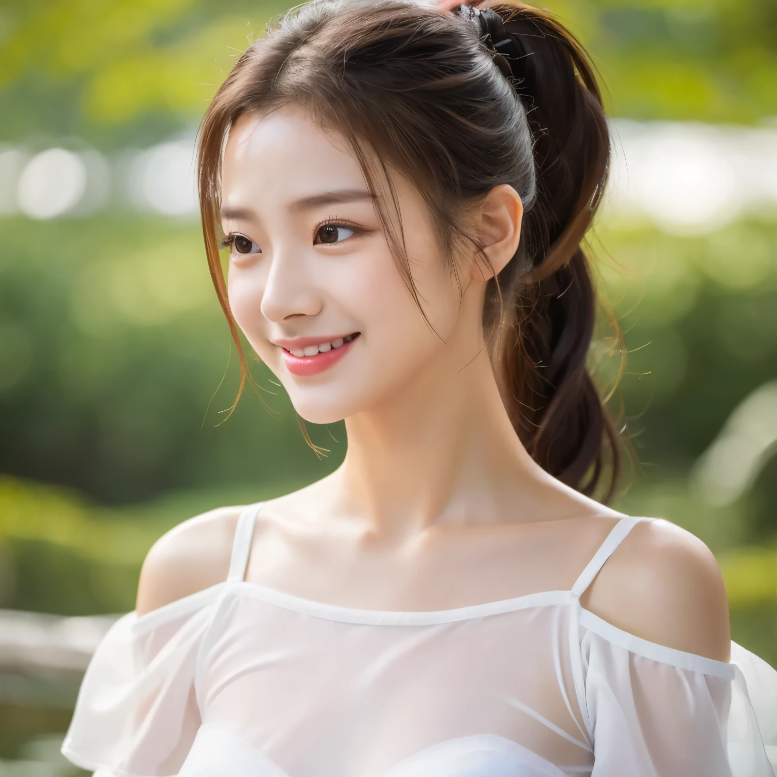 White jade skin, korean, female, eye smile, cuteness, black underwear, 흰티에 청바지를 입은 female, ponytail hair, pretty neck, whole body, see through, deer statue, natural facial features, , Off-shoulder white tee,