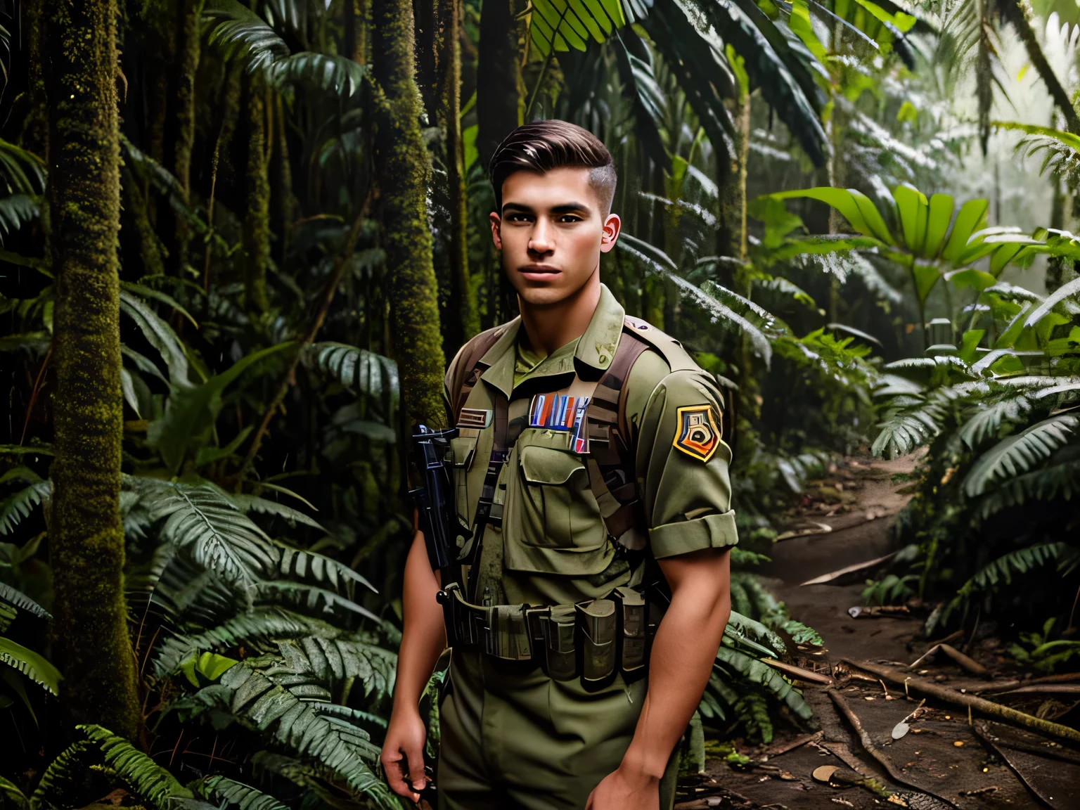 Photographic Journalism, handsome young soldier, 25 years old , In the middle of the rainforest