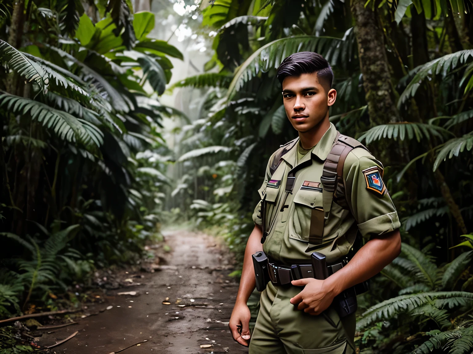 Photographic Journalism, handsome young soldier, 25 years old , In the middle of the rainforest