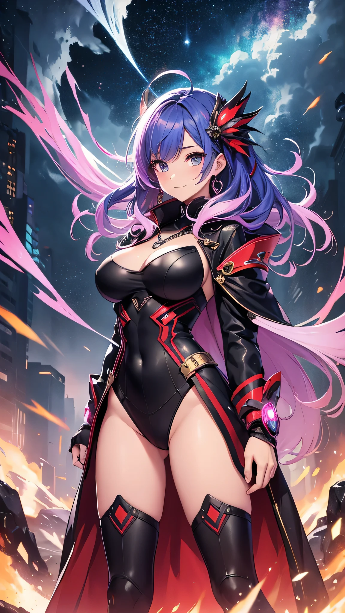 最high quality、best image quality、masterpiece、girl((20-year-old、 By becoming、vest bust、medium bust,wide open breast tea、shining eyes, neon hair、long hair、thin,highest valley、Black Hero Suit、Red Hero Mask、blue cloak、smile、full body tattoo,diamond earrings、Wristband、necklace,dual sword style)),high quality、beautiful art、background((night、red thunder、storm、gust of wind、tornado))、Flight、debris flies、Depth of written boundary、movie、visual art、perfect art、8k,genuine、