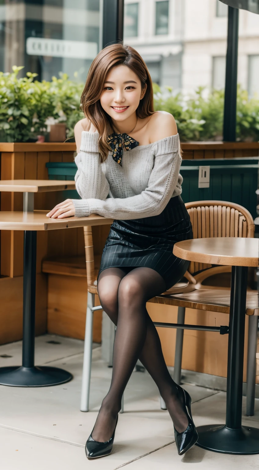 8k UHD, Digital single-lens reflex camera,film grain, Fujifilm XT3,(highest quality:1.3), (masterpiece:1.1), High resolution, cinematic light, intricate details, (realistic),outside,beautiful outside,Sunny,
korean girl,(at the cafe:1.5) , Dimples, black hair、 looking at the viewer, detailed tree, ribbon, A bow tie, bare shoulders, ribbed sweater, 
pencil skirt, high waist skirt, headrest, sitting, indoor,
 necklace,black pantyhose, sheet transportation sweater, (smile),(whole body:1.6),thin,smiling showing teeth