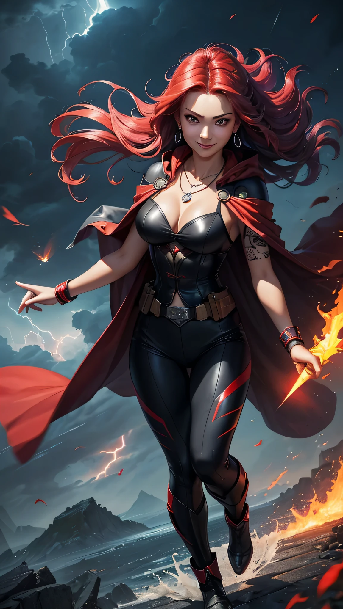 最high quality、best image quality、masterpiece、girl((20-year-old、 By becoming、vest bust、medium bust,wide open breast tea、shining eyes, neon hair、long hair、thin,highest valley、Black Hero Suit、Red Hero Mask、blue cloak、smile、full body tattoo,diamond earrings、Wristband、necklace,dual sword style)),high quality、beautiful art、background((night、red thunder、storm、gust of wind、tornado))、Flight、debris flies、Depth of written boundary、movie、visual art、perfect art、8k,genuine、