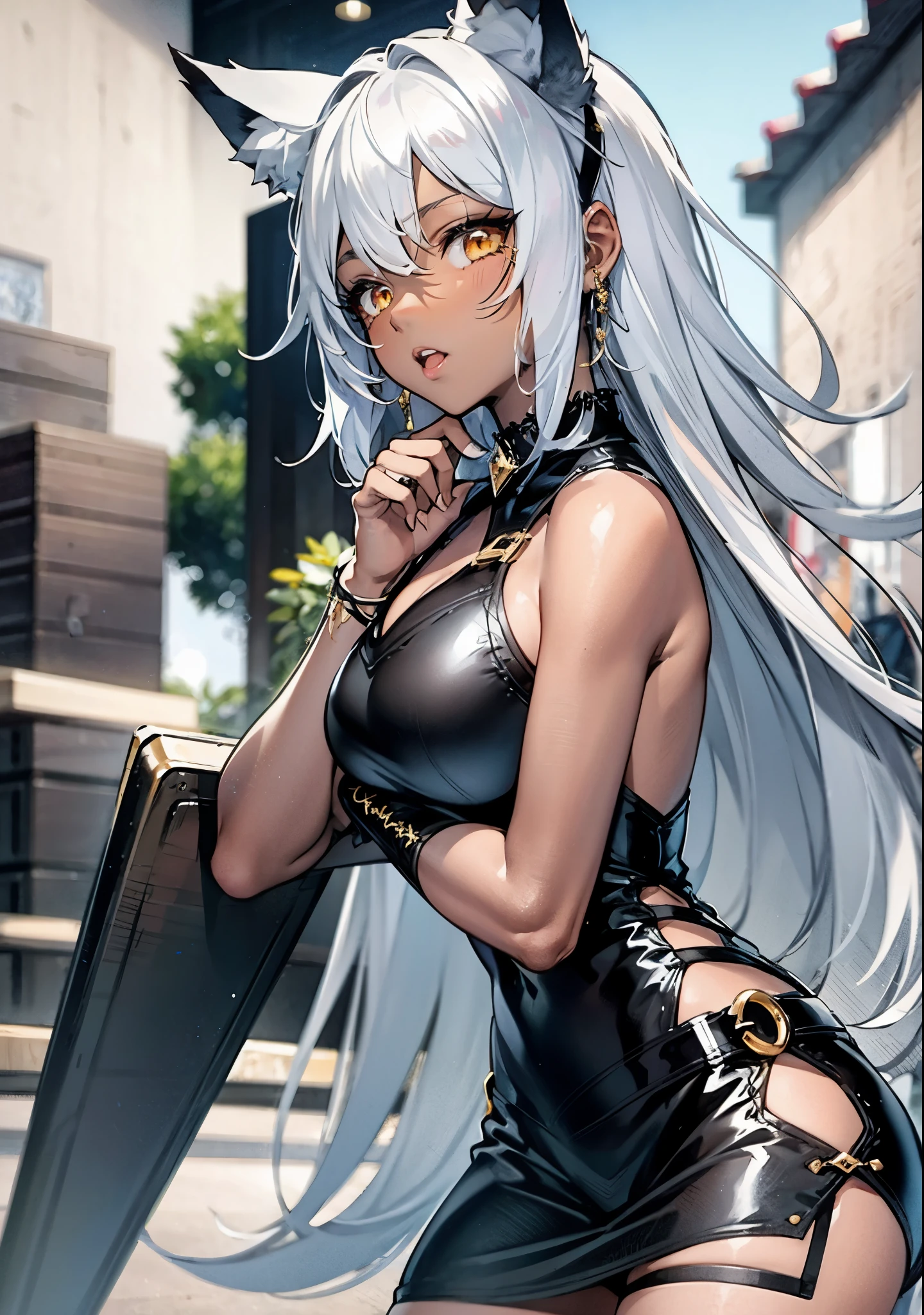 girl, dark skin, silver hair, gold eyes, wolf ears, wolf tale, lace up pencil dress, 8k, game CG,perfect anatomy,best quality,amazing high-resolution,