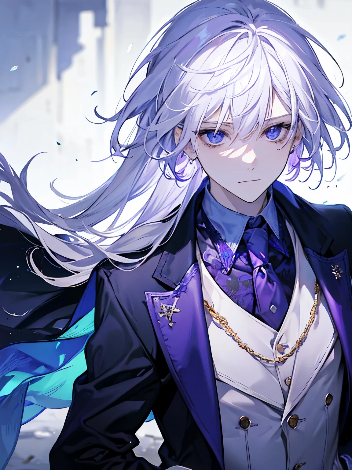 1 male, white hair, purple formal suit, blue eyes