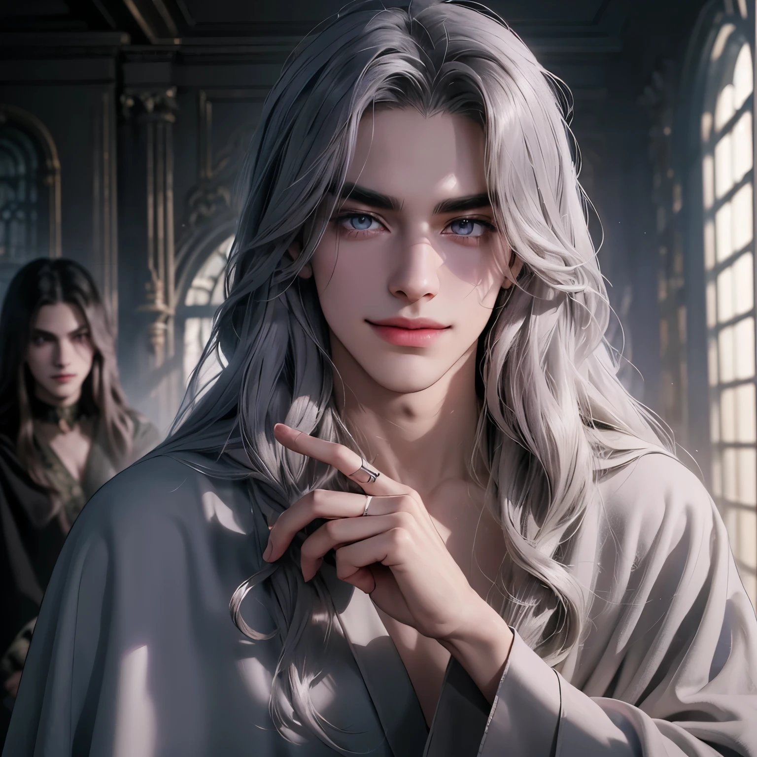 solo, magician, silver long straight hair man, thin silver eyebrows, medieval and handsome, wearing a gray robe, Violet eyes, Intellectual, Charm, Gentle eyes, smiling seductively, A room with magical tools scattered around, surreal, 5 fingers, highest quality