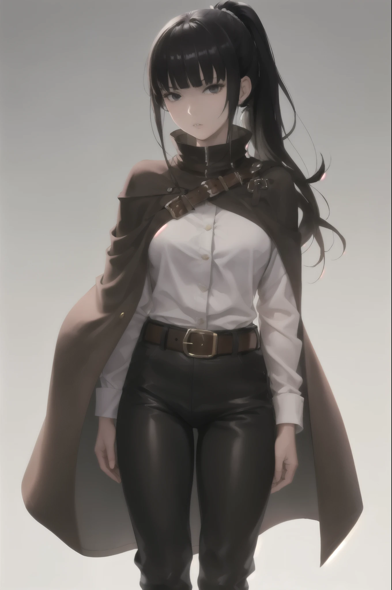 1girl, solo,  long hair,  brown pants, black hair, belt,  shirt, ponytail, simple background, white shirt, long sleeves, bangs, looking at viewer,  breasts, high ponytail, standing, cowboy shot, (brown cape,:1.2) brown pants, medium breasts, parted lips, head tilt, brown eyes, buckle, black eyes, sidelocks, brown belt, belt buckle, blunt bangs, emotionless,narberal_gamma,  