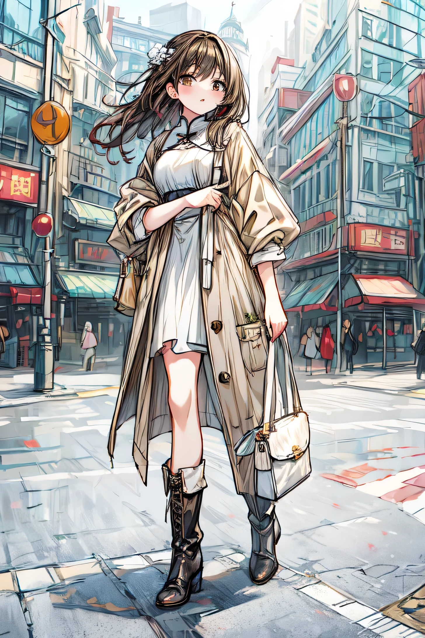 Chinese woman in a full futuristic outfit, blurred background of a city with buildings, white handbag, white boot type shoe, beige outfit