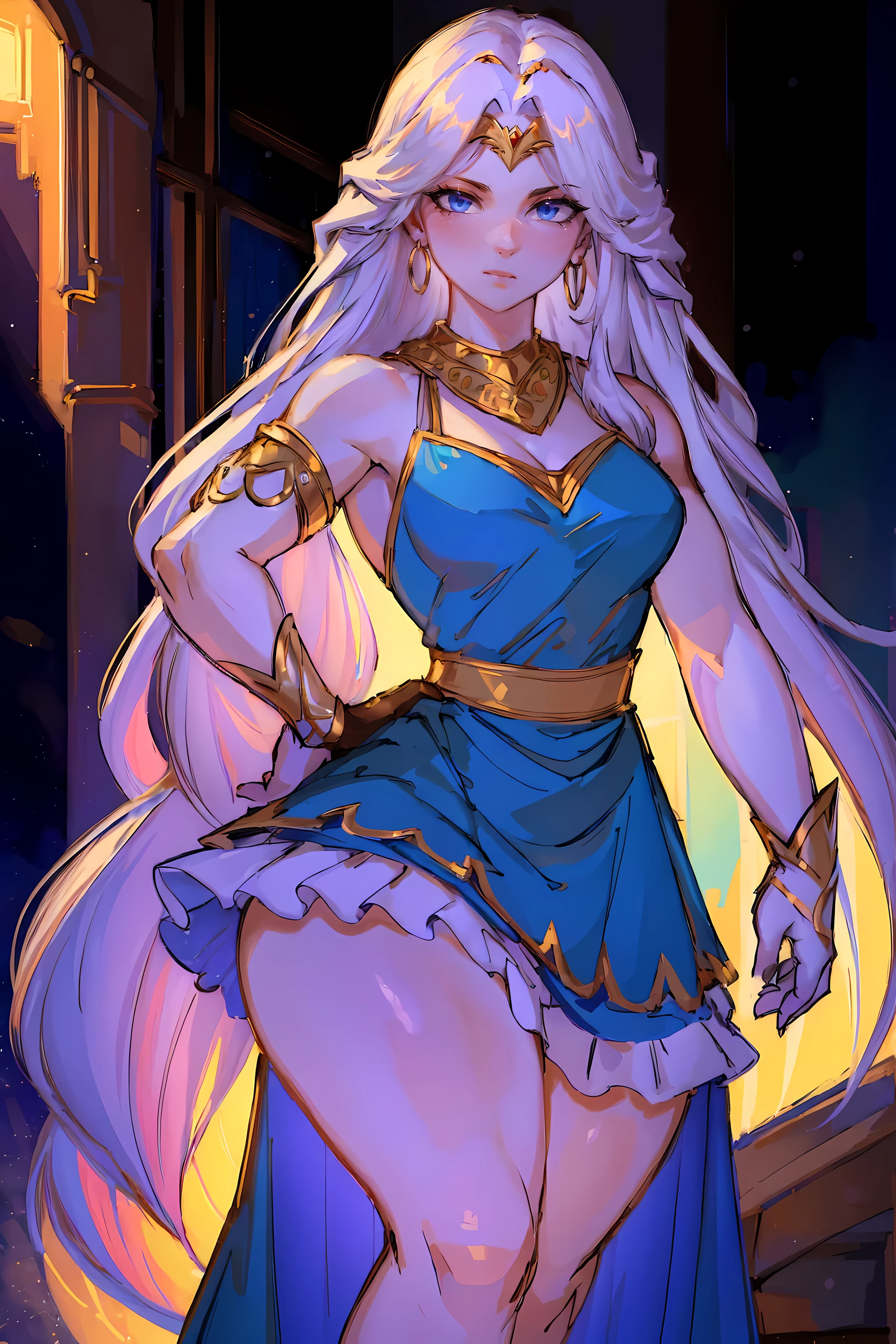 (high quality, masterpiece:1.2), a girl, alone, long hair, Raise your legs high, bare shoulders, jewelry, sleeveless, white dress, blue skirt, Gloves, Thick thighs, delicate eyes, Detailed lips, extremely detailed face, long eyelashes, actual, bright colors, high dynamic range, studio lighting, sharp focus