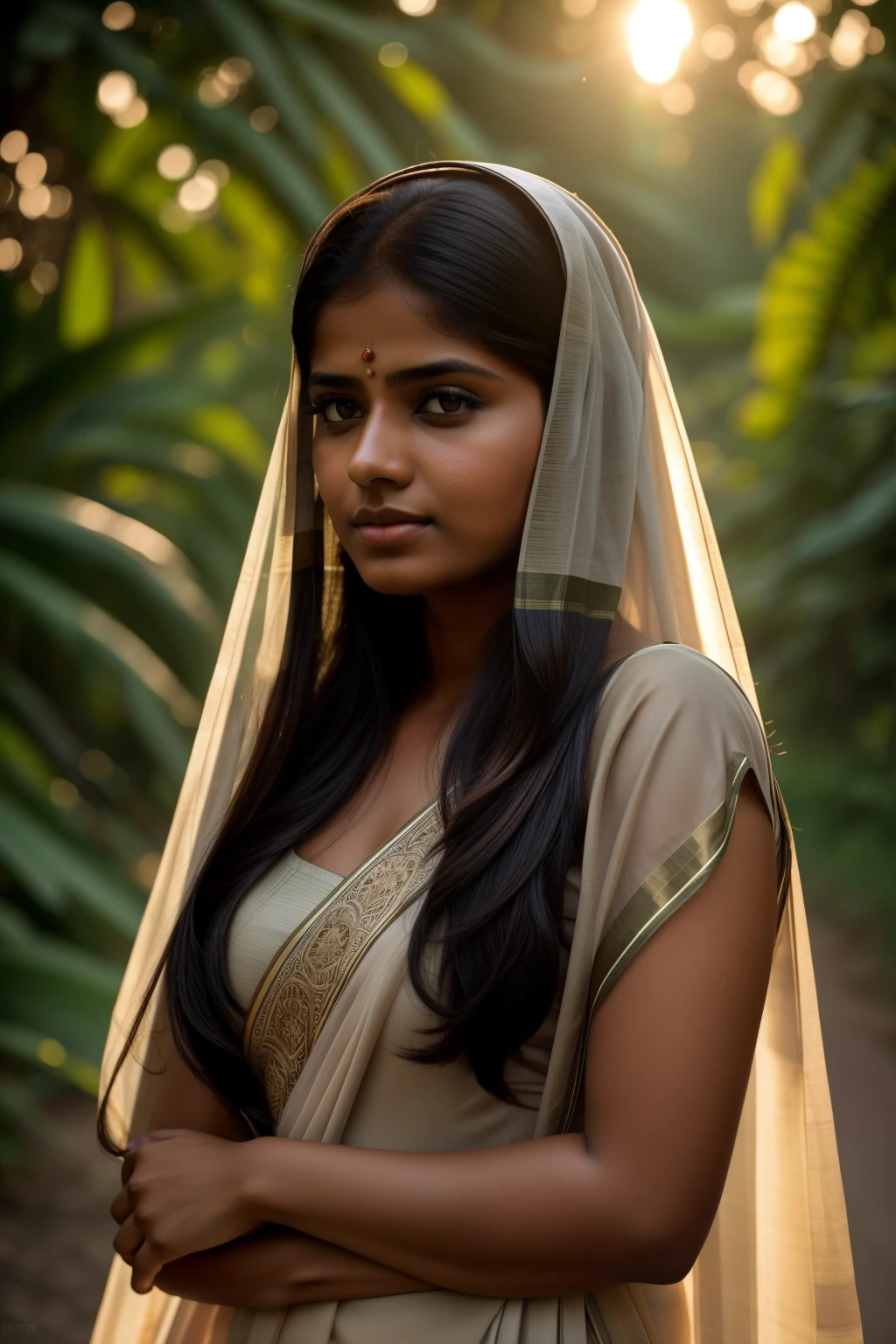 A portrait of a 19 year old Bangladeshi muslim women wearing saree,Veil on the head, saree color is solid, simple eyelyshe in her eye, standing middle of a jungle road,background bumble bee flying, moody tone, dreamy , hand with cuplammp, soft light tone in her face, environment is in sunset, set a fill light in the left side, dark tone, girl skin brunatee, silky hair, soft light, portrait photography, RAW, realistic face detail,detailed facial features, firminbaes,backgroundblurbokeh , intense gaze,captured by Sony Alpha a7 Illcamera with Sony FE 24-105mm f/4 G OSS lens*