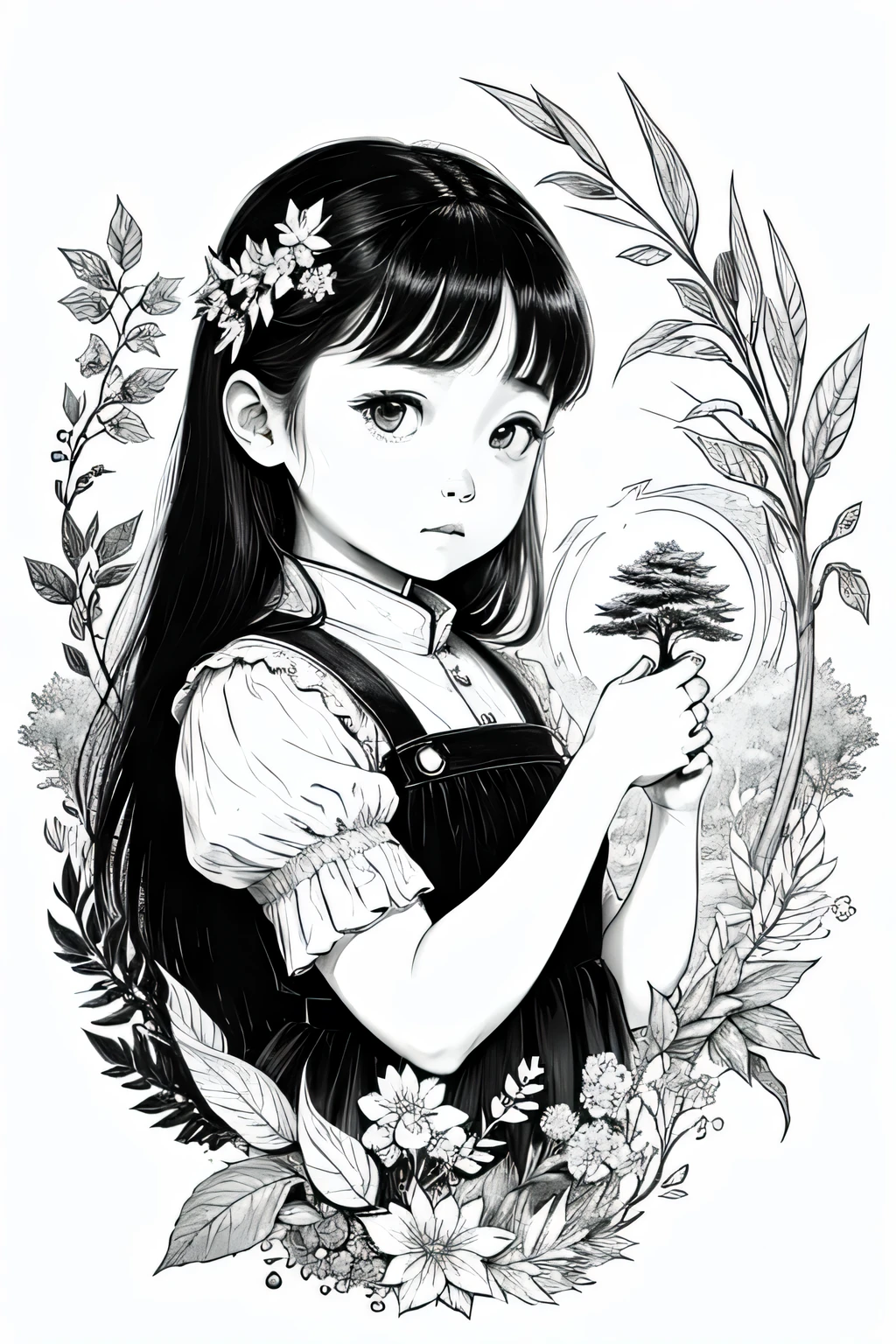 Protect the climate,Protect forests,A little girl takes care of a sapling。only green and black