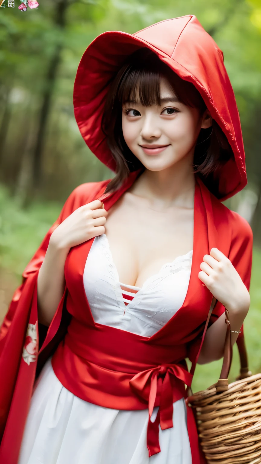 (8k、RAW photo、highest quality、masterpiece:1.5)、(realistic、Photoreal:1.5)、super detailed、超A high resolution、cinematic lighting、(((Beauty in red)))、((( old Japanese girl)))、(((Wearing sexy clothes with a Little Red Riding Hood motif)))、、cute smile、Fun and energetic atmosphere、dynamic angle、dynamic lighting、big breasts、cleavage、in the deep forest、full body shot、walking、brown hair、have a small basket、Wearing a red hood、