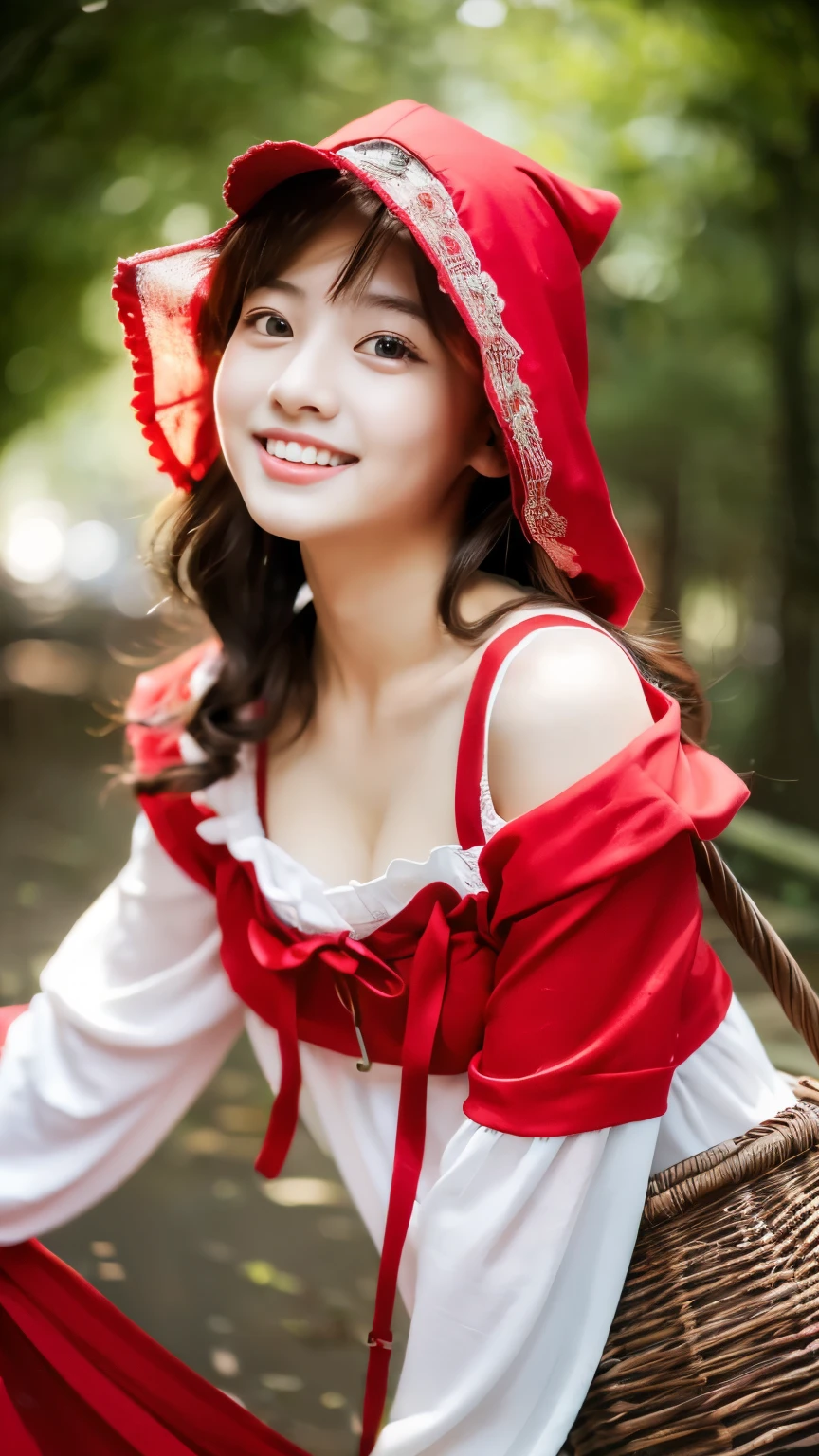 (8k、RAW photo、highest quality、masterpiece:1.5)、(realistic、Photoreal:1.5)、super detailed、超A high resolution、cinematic lighting、(((Beauty in red)))、((( Japanese girl)))、(((Wearing sexy clothes with a Little Red Riding Hood motif)))、、cute smile、Fun and energetic atmosphere、dynamic angle、dynamic lighting、big breasts、cleavage、in the deep forest、full body shot、walking、brown hair、have a small basket、Wearing a red hood、