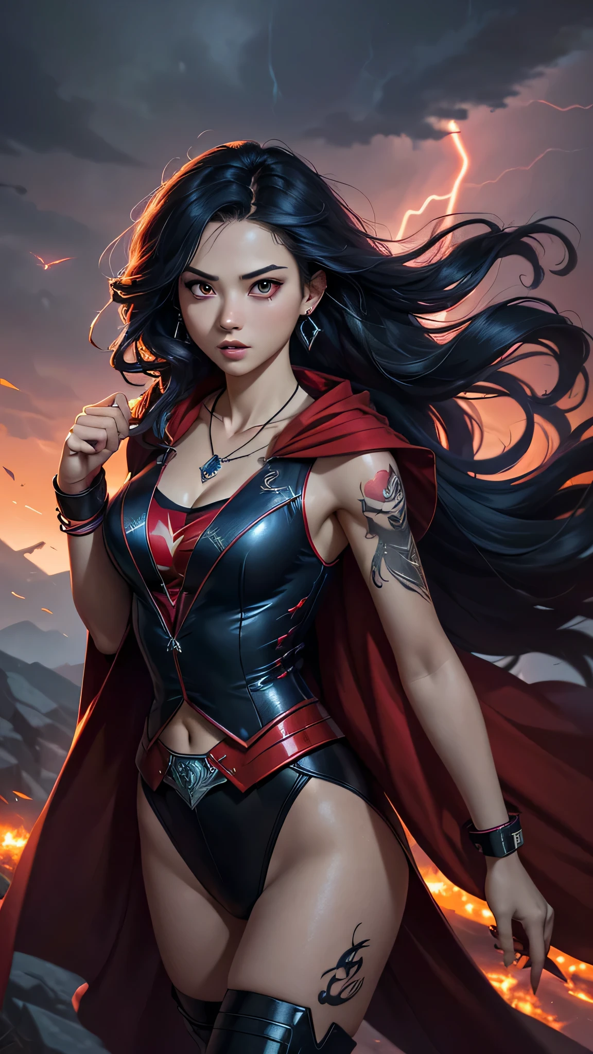 最high quality、best image quality、masterpiece、girl((20-year-old、 By becoming、vest bust、medium bust,wide open breast tea、shining eyes, neon hair、long hair、thin,highest valley、Black Hero Suit、Red Hero Mask、blue cloak、scream、full body tattoo,diamond earrings、Wristband、necklace,dual sword style)),high quality、beautiful art、background((night、red thunder、storm、gust of wind、tornado))、Flight、debris flies、Depth of written boundary、movie、visual art、perfect art、8k,genuine、