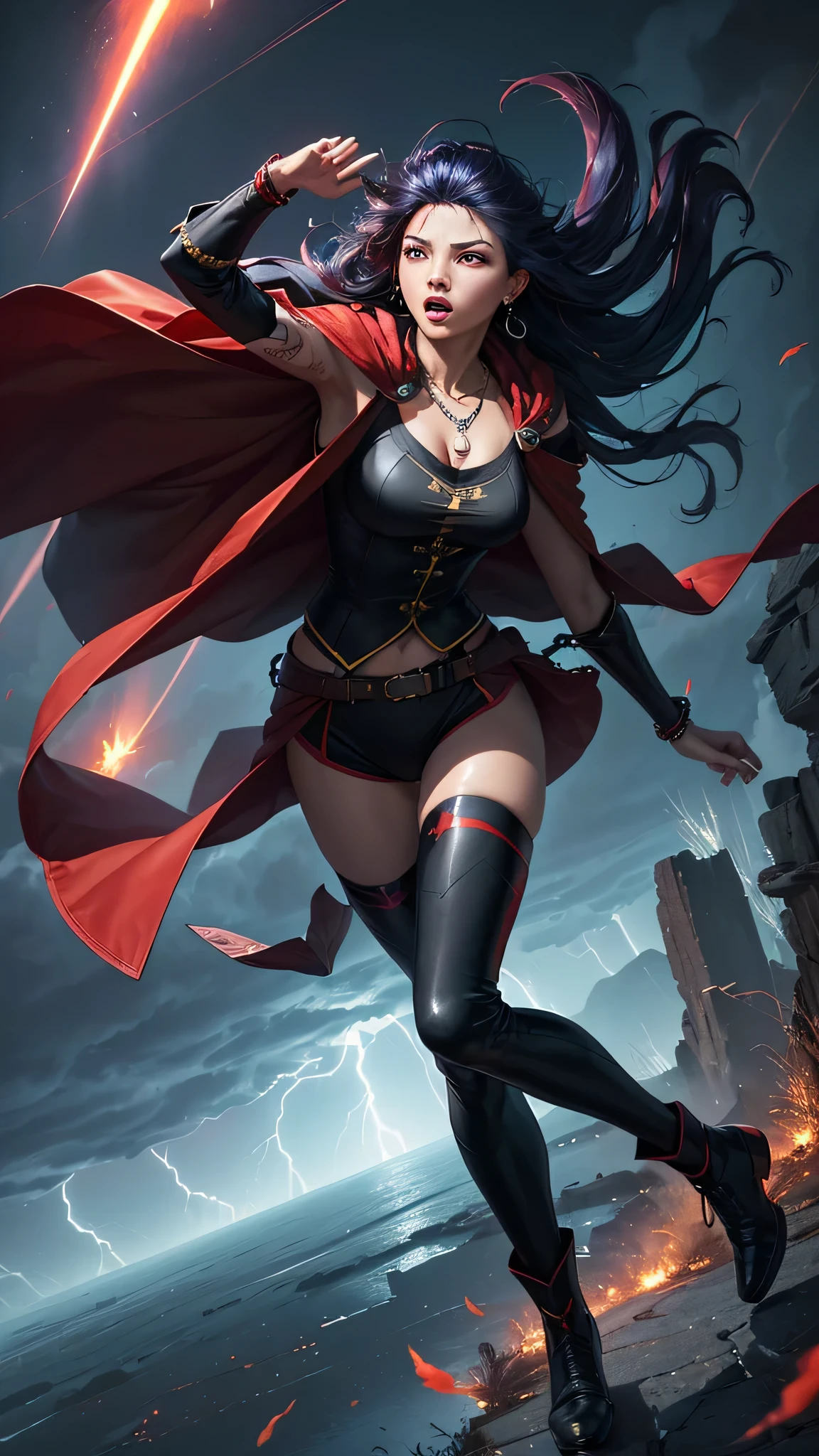 最high quality、best image quality、masterpiece、girl((20-year-old、 By becoming、vest bust、medium bust,wide open breast tea、shining eyes, neon hair、long hair、thin,highest valley、Black Hero Suit、Red Hero Mask、blue cloak、smile、full body tattoo,diamond earrings、Wristband、necklace,dual sword style)),high quality、beautiful art、background((night、red thunder、storm、gust of wind、tornado))、Flight、debris flies、Depth of written boundary、movie、visual art、perfect art、8k,genuine、