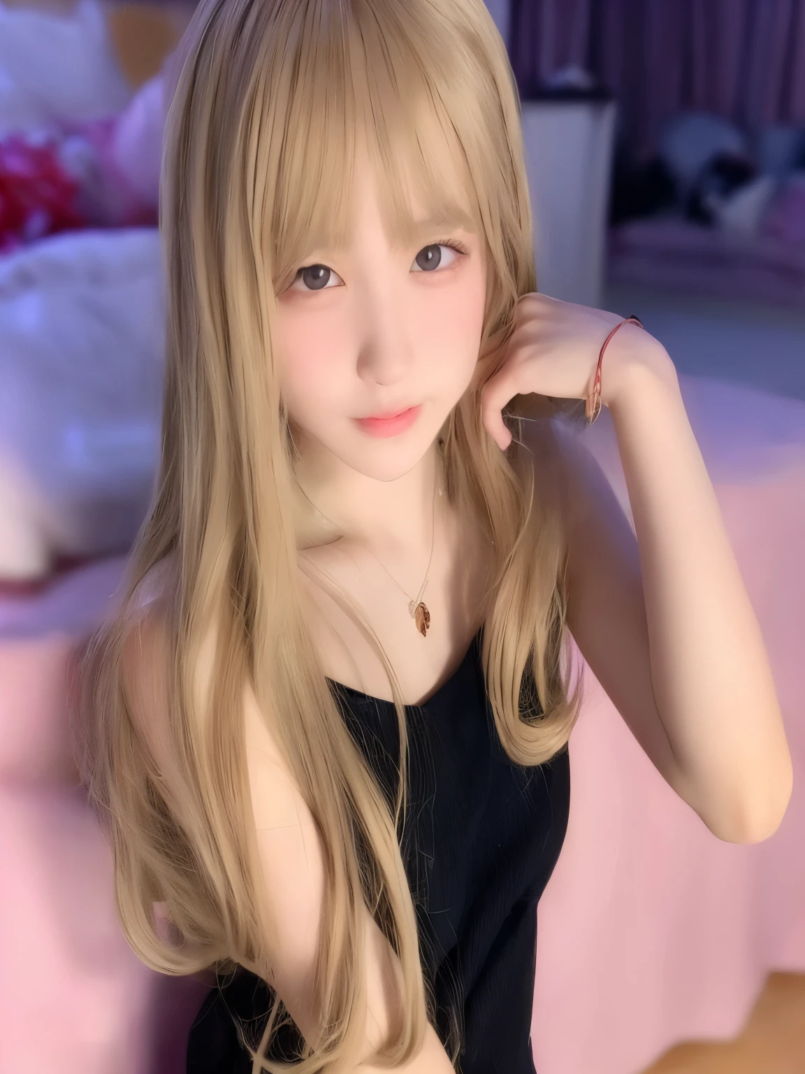 araffe girl with long blonde hair posing for a picture, lalisa manobal, long hair with bangs, long hair with full bangs, the hime cut, white hime cut hairstyle, asian girl with long hair, anime girl in real life, anime girl with long hair, blonde anime girl with long hair, anime thai girl, neat hair with bangs