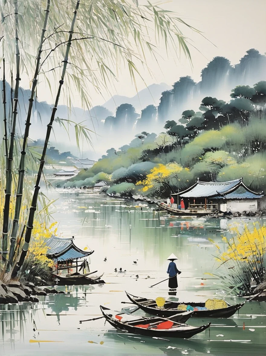 Wu Guanzhong style,Emerging young artists supported by Wu Guanzhong,Through the fusion of traditional and modern elements,By the river in the early morning,Several women are busy doing laundry,The picture is full of tranquility and life,The figures of the women look soft and peaceful in the morning light。The surrounding bamboo forests sway gently in the wind,the river is crystal clear。The entire scene is depicted vividly and in the artistic style of Wu Guanzhong,That is, using the techniques of Chinese ink painting combined with modern composition and color,Showing a unique modern Chinese aesthetic