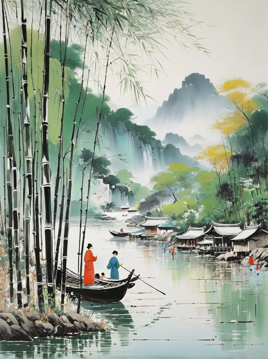 Wu Guanzhong style，Emerging young artists supported by Wu Guanzhong，Through the fusion of traditional and modern elements，By the river in the early morning，Several women are busy doing laundry，The picture is full of tranquility and life，The figures of the women look soft and peaceful in the morning light。The surrounding bamboo forests sway gently in the wind，the river is crystal clear。The entire scene is depicted vividly and in the artistic style of Wu Guanzhong，That is, using the techniques of Chinese ink painting combined with modern composition and color，Showing a unique modern Chinese aesthetic