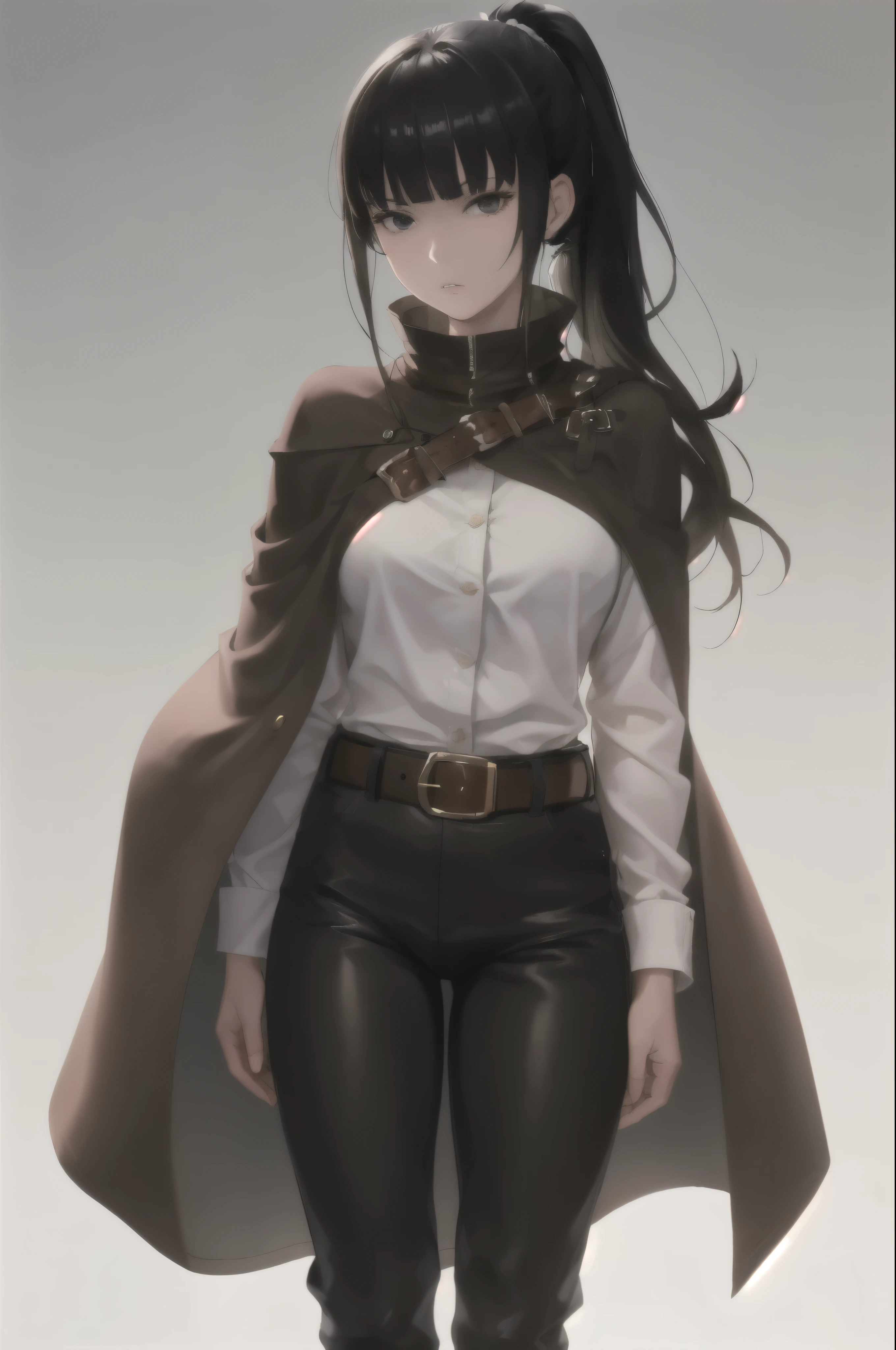 1 girl, alone,  long hair,  Brown pants, black hair, belt,  shirt, ponytail, simple background, white shirt, long sleeve, bangs, looking at the viewer,  chest, high ponytail, Are standing, cowboy shot, (brown cloak,:1.2) Brown pants, medium chest, parted lips, head tilt, brown eyes, buckle, black eye, side lock, brown belt, belt buckle, blunt bangs, emotionless,Narberal_gamma,  