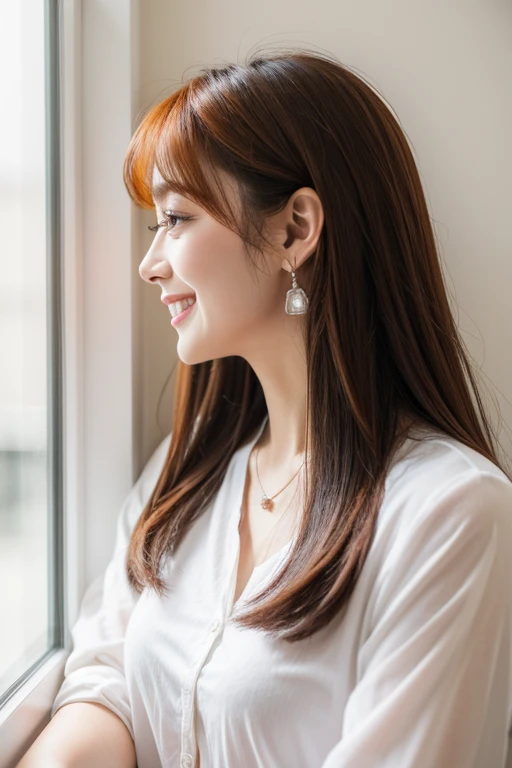 white wall、Taken in front of the white door、(窓のあるwhite wallの部屋)、(8k、RAW photo、highest quality、masterpiece:1.2)、High-definition RAW color photo、professional photos、(realistic、フォトrealistic:1.37)、Photographed in natural light、1 girl、laughter、Various poses、spring clothes、 necklace、(Beautiful profile:1.3)、looking at the camera、looking straight ahead、profile、black hair、Photographed in natural light、Dark orange hair color、earrings、pastel colored blouse、smile、smiling showing teeth