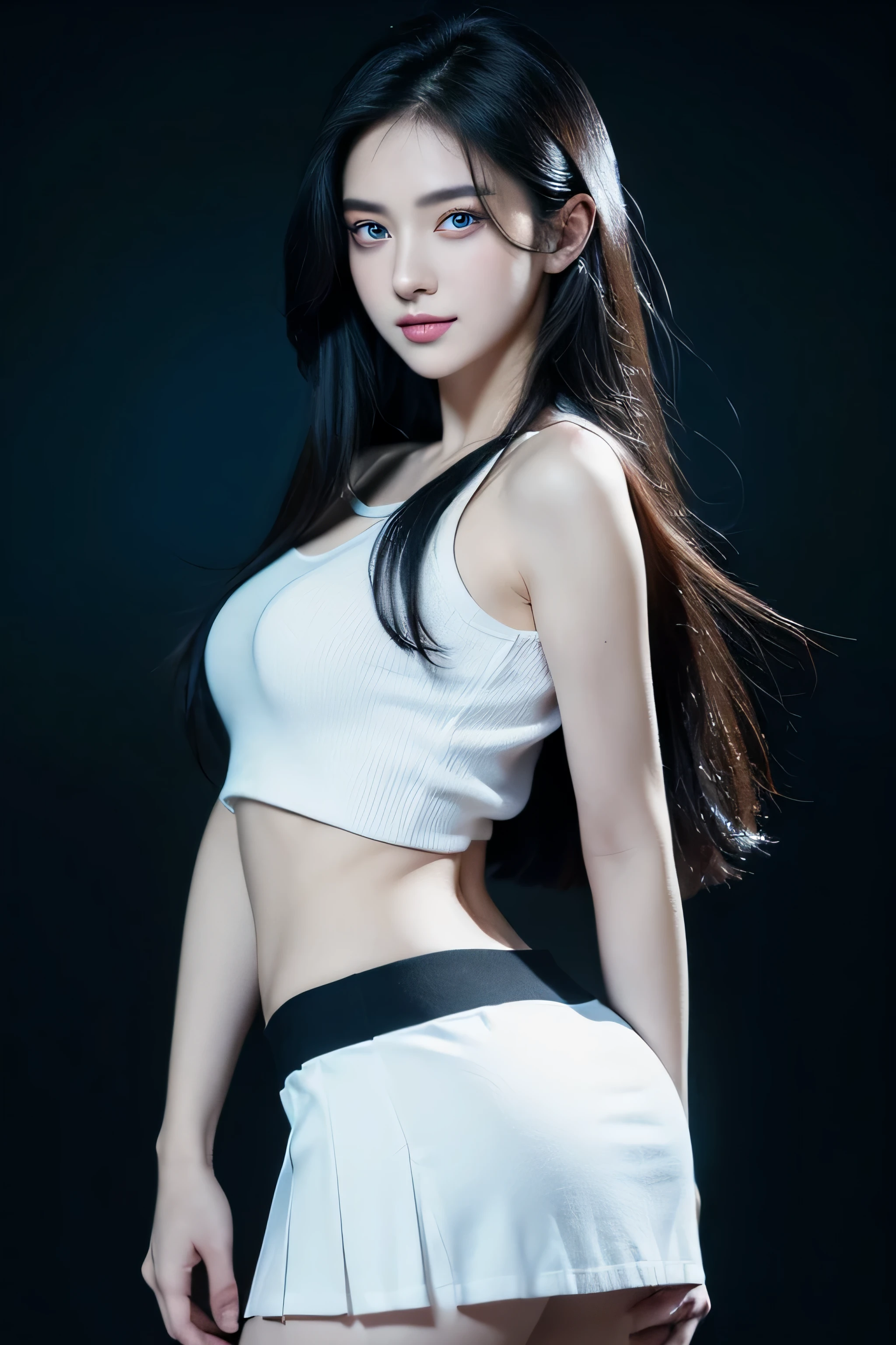 (masterpiece, best quality, ultra high resolution), 1 girl, Permanent installation, uniform, white office shirt, black pleated skirt, ((jet black, jet black hair:0.7), cut long hair, pale skin, ((blue Eye)), glow_Eye, neon Eye, (ultra detailed Eye, Beautiful and detailed face, detailed Eye:0.9), ((center)), Smile, ((广角镜head)), for the audience, eye level, (black background, Humanity, fire), flat chest, looking at the audience, ((half closed Eye)), ((perfect hands)), (((head, arms, buttocks, 弯head, Insight))), ((Put your hands behind your back)), empty Eye, beautiful lights, background, Be clear about the topic, 25 years old, perfect anatomy, Perfect body