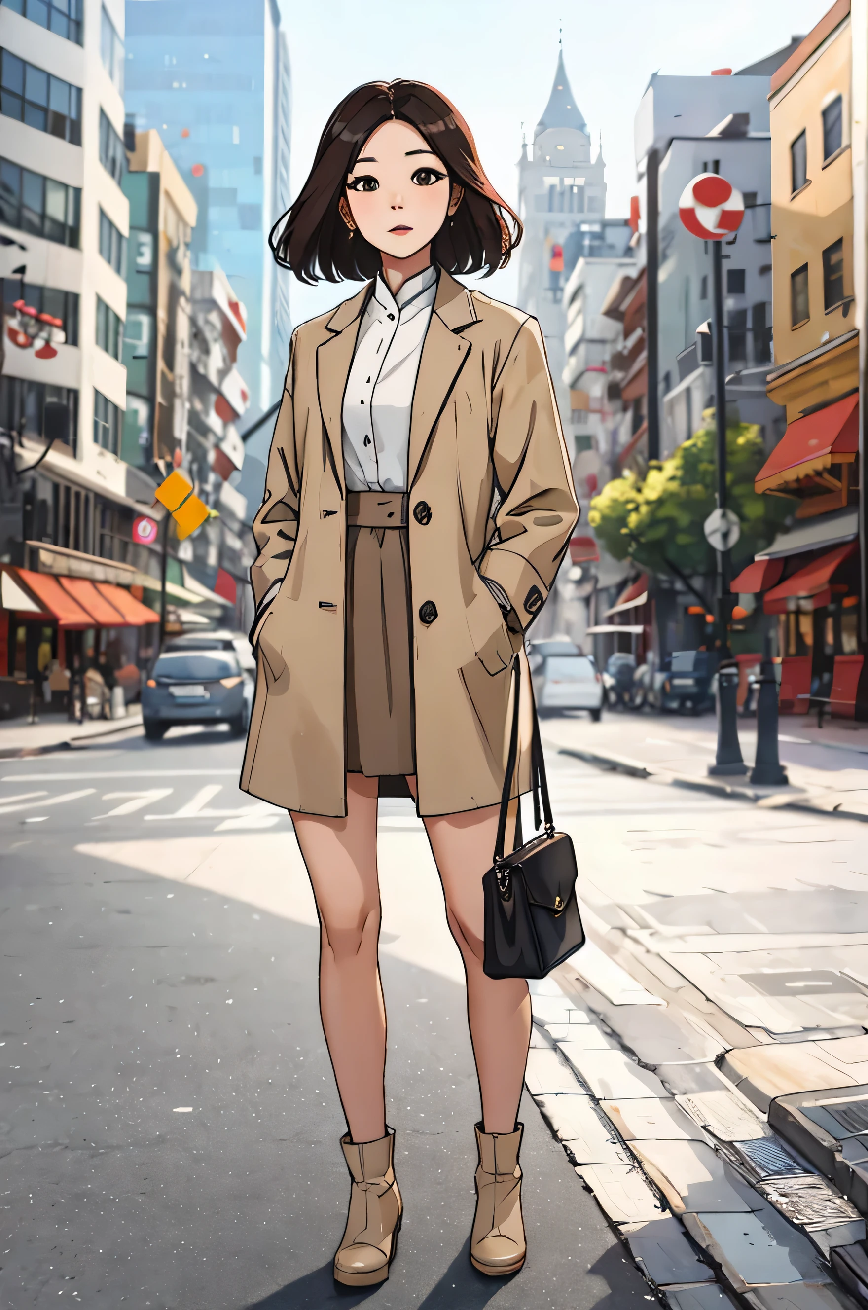 Chinese woman in a full futuristic outfit, blurred background of a city with buildings, white handbag, white boot type shoe, beige outfit, 8k, hdr color