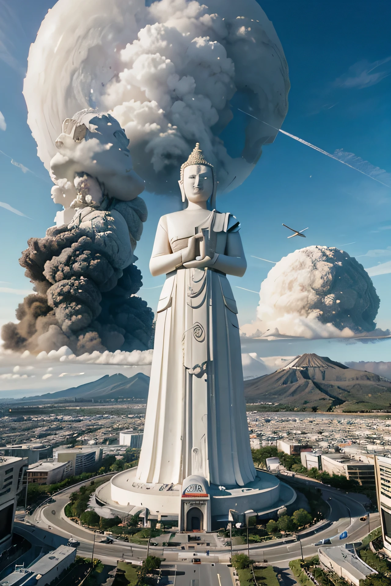 modern city of the future, Surrounded by volcanoes, nature, It has a large white standing Buddha image., Among developed cities, population, spaceship, high-tech, and the sea, from virtual images, Take a photo, 4K images.