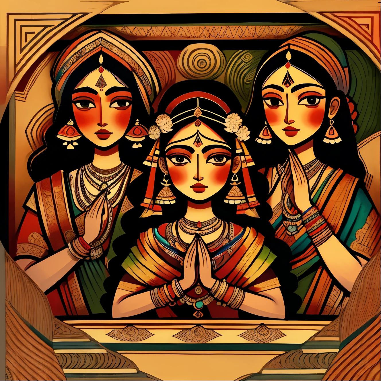 a painting of three women in colorful saris with a flower, kalighat, madhubani, indian art, kalighat highly detailed, traditional folk art style, three women, traditional painting, kalighat painting, tribal art, !5 three eyed goddesses, hindu art, religious painting, neon madhubani, ditigal painting, highly detailed, 32k, 8k, ultra HD, detailed line art,