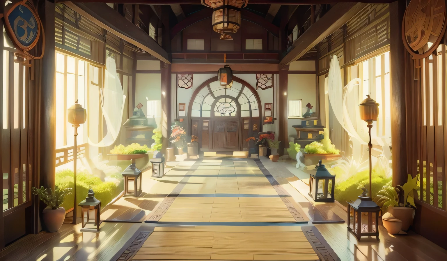 Chinese fairy tale scene，Chinese ancient building lobby，There is a long corridor，have many windows，There is a statue in the middle, There is a meditation statue in the center of the lobby，《The Legend of Korra》setting, anime scenery concept art, library of ruina concept art, traditional japanese concept art, anime background art, interior background art, symmetry!! concept art, Madhouse studio anime style, relaxing concept art, Beautiful renderings of the Tang Dynasty, Zen temple background