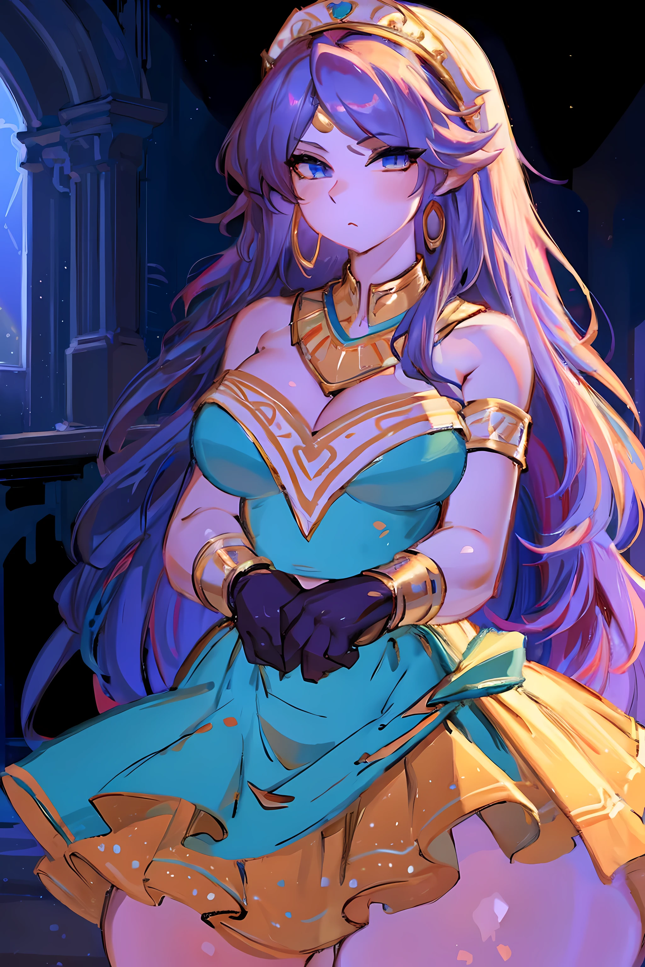 (high quality, masterpiece:1.2), a girl, alone, long hair, bare shoulders, jewelry, sleeveless, white dress, blue skirt, Gloves, Thick thighs, delicate eyes, Detailed lips, extremely detailed face, long eyelashes, actual, bright colors, high dynamic range, studio lighting, sharp focus