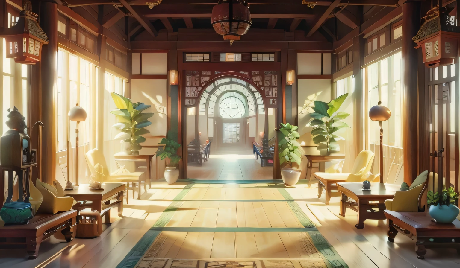 Chinese fairy tale scene，Chinese ancient building lobby，There is a long corridor，have many windows，There is a statue in the middle, There is a meditation statue in the center of the lobby，《The Legend of Korra》setting, anime scenery concept art, library of ruina concept art, traditional japanese concept art, anime background art, interior background art, symmetry!! concept art, Madhouse studio anime style, relaxing concept art, Beautiful renderings of the Tang Dynasty, Zen temple background