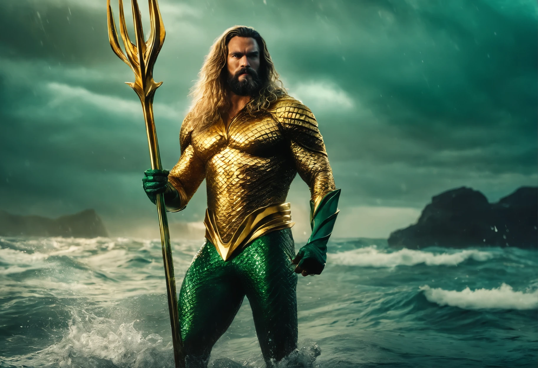 (Aquaman stands in the ocean, holding his golden trident. He wears a gold and green suit, and his hair and beard are long and blonde. The ocean around him is choppy, and it's raining.8k hdr,raw style,