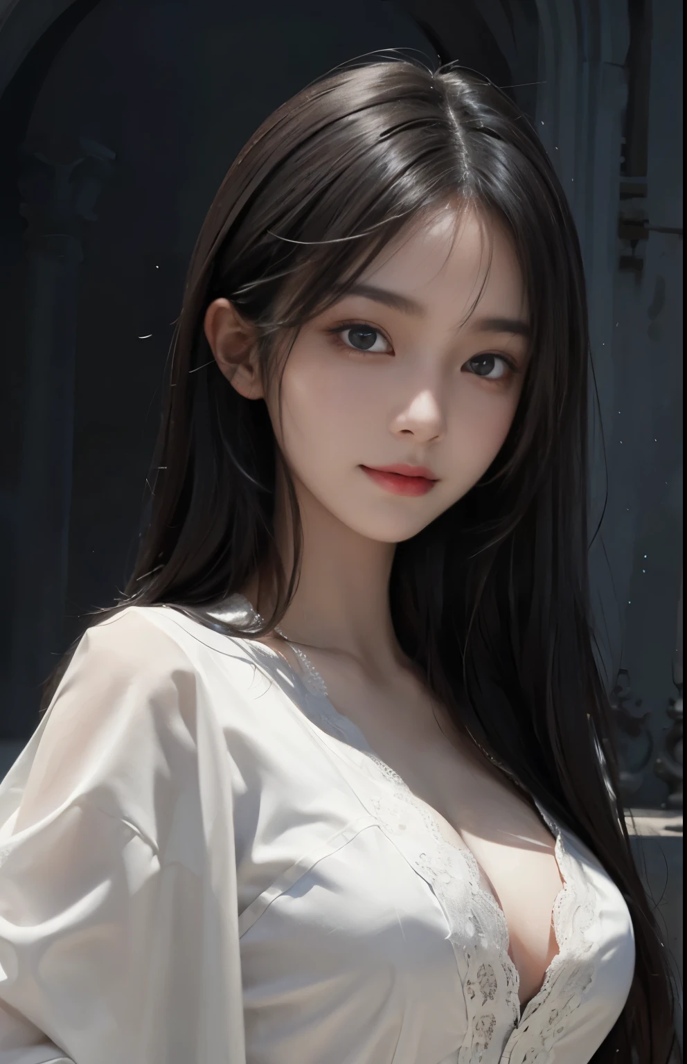 (surreal), (shape), (Improved resolution), (8k), (very detailed), (Best shape), (beautiful and detailed eyes), (highest quality), (Super detailed), (masterpiece ), ( wallpaper), (detailed face), 1 girl, ************, white shawl,  lace chest,  big breasts, looking at the viewer, small details, detailed face, in the dark, deep shadow, private key, Pure erotic face ace_v1, smile, long hair, black straight hair , 46 point diagonal bangs