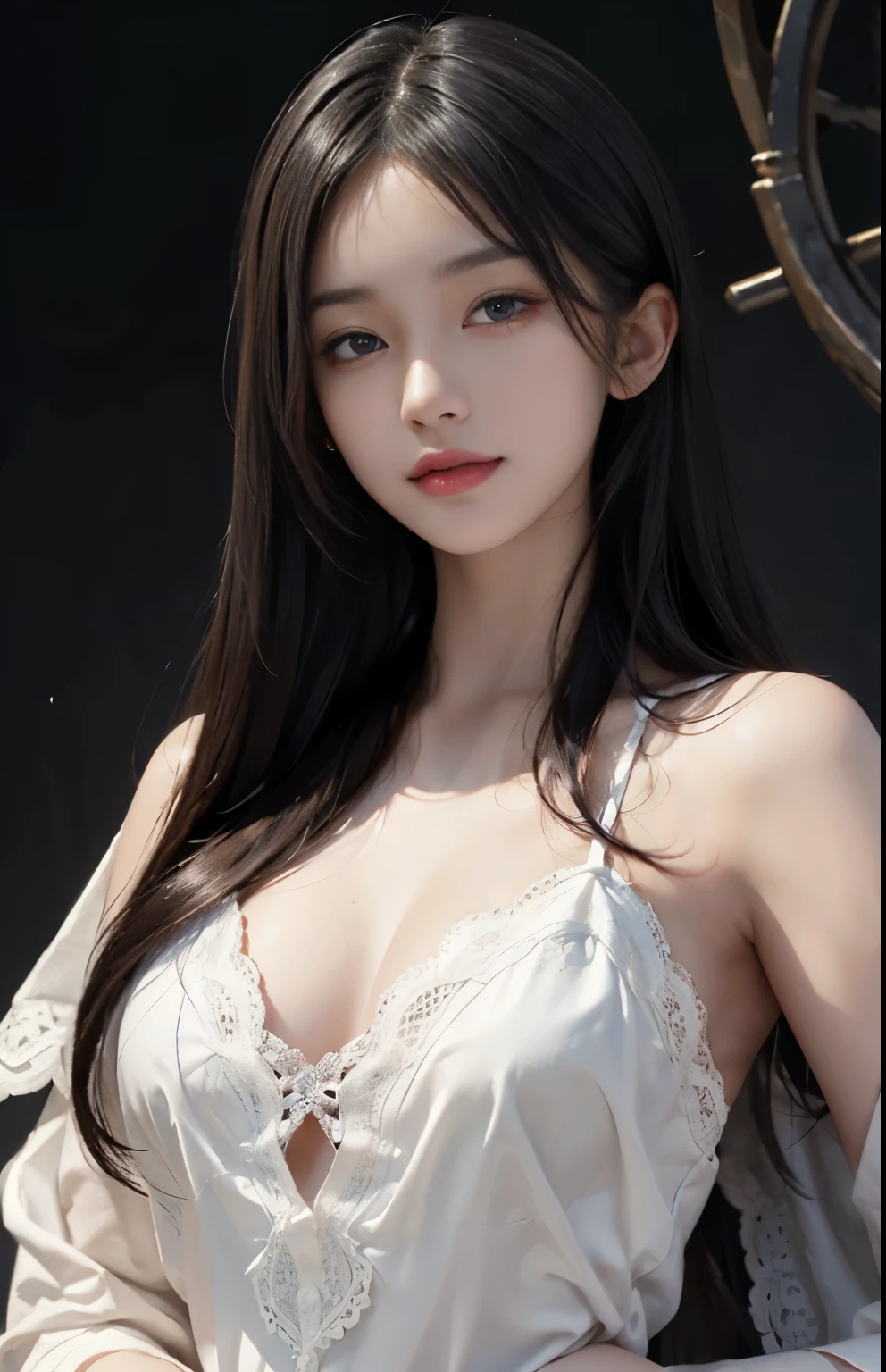 (surreal), (shape), (Improved resolution), (8k), (very detailed), (Best shape), (beautiful and detailed eyes), (highest quality), (Super detailed), (masterpiece ), ( wallpaper), (detailed face), 1 girl, , white shawl,  lace chest,  big breasts, looking at the viewer, small details, detailed face, in the dark, deep shadow, private key, Pure erotic face ace_v1, smile, long hair, black straight hair , 46 point diagonal bangs