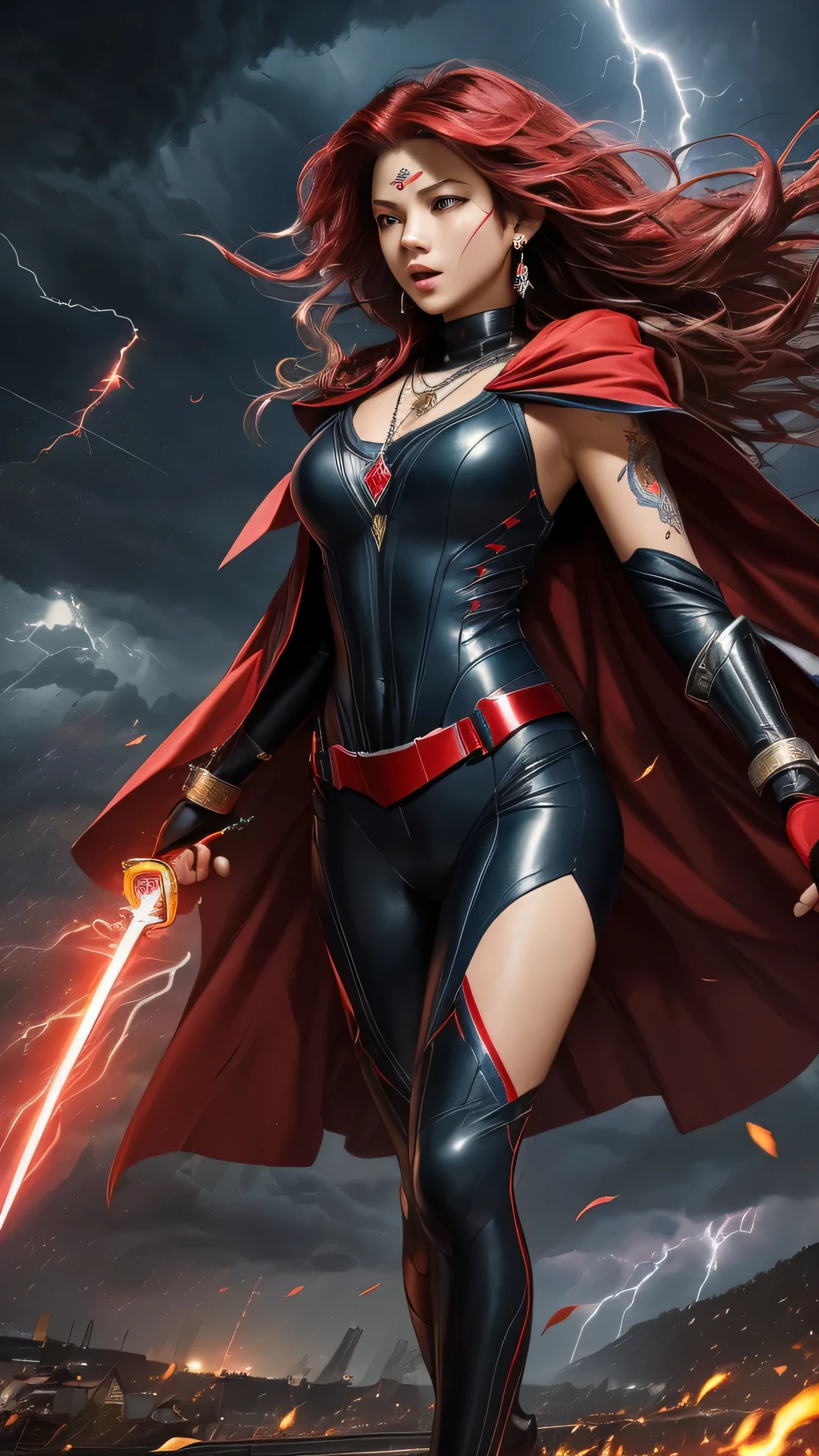 最high quality、best image quality、masterpiece、girl((20-year-old、 By becoming、vest bust、medium bust,wide open breast tea、shining eyes, neon hair、long hair、thin,highest valley、Black Hero Suit、Red Hero Mask、blue cloak、scream、full body tattoo,diamond earrings、Wristband、necklace,dual sword style)),high quality、beautiful art、background((night、red thunder、storm、gust of wind、tornado))、Flight、debris flies、Depth of written boundary、movie、visual art、perfect art、8k,genuine、
