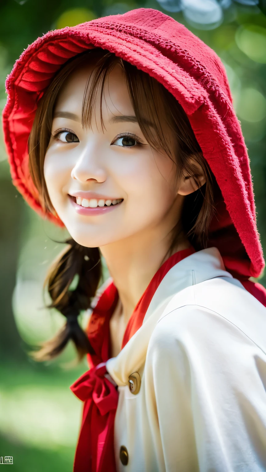 (8k、RAW photo、highest quality、masterpiece:1.5)、(realistic、Photoreal:1.5)、super detailed、超A high resolution、cinematic lighting、(((Beauty in red)))、(((26 year old Japanese woman)))、(((Wearing bright clothes with a Little Red Riding Hood motif)))、、cute smile、Fun and energetic atmosphere、dynamic angle、dynamic lighting、big breasts、cleavage、in the deep forest、full body shot、walking、Brown　hair、have a small basket