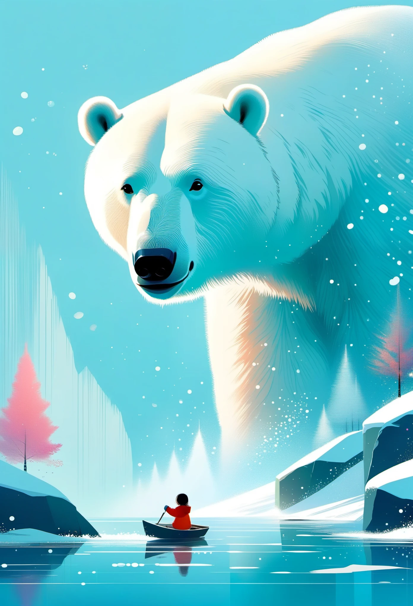 The story of polar bear and little girl,Beautiful artistic illustration, Inspired by Pascal Campion, fantasy illustration, Beautiful digital illustrations, Inspired by Zheng Xiaorong, Beautiful digital illustration, Illustrated in a whimsical style, author:Tatsushima Yuko