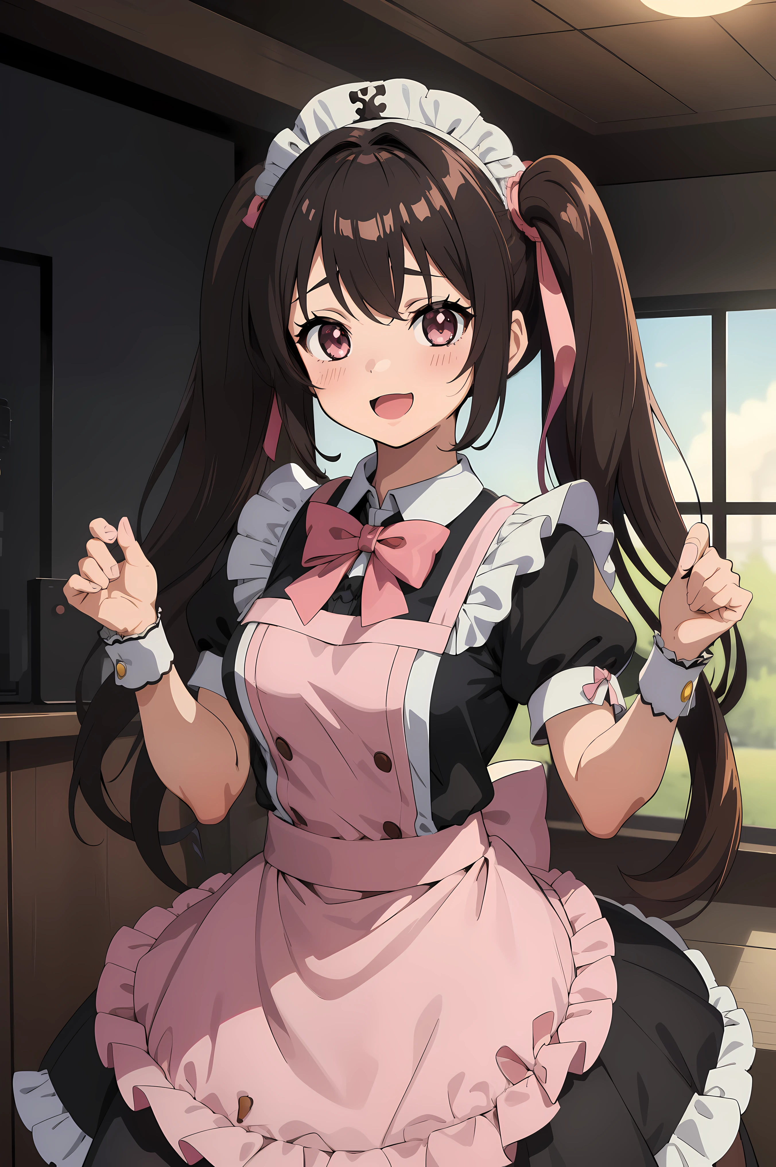 kitazawa shiho, pretty waitress, 1girl, solo, long hair, heart hands, maid headdress, blush, open mouth, wrist cuffs, brown eyes, puffy short sleeves, maid, sweatdrop, frills, looking at viewer, pink neckwear, waist apron, brown hair, black hair, upper body, white apron, pink bow, medium breasts, eyebrows visible through hair, white shirt, frilled apron, orange eyes, pink skirt, enmaided, maid apron, pink dress, v-shaped eyebrows, waitress, wavy mouth, moe moe kyun!, parted bangs, pink apron, pink hairband, pocket, sweat, collared shirt, buttons, underbust, blush stickers, frown, wavy hair, frilled cuffs, embarrassed, swept bangs, frilled sleeves, hands up, sidelocks, yellow eyes, pink ribbon, cowboy shot, center frills, wing collar, standing, d:, furrowed brow, corset, looking away, frilled dress, frilled hairband, dress shirt, pink bowtie, dot nose, white headdress, white wrist cuffs, cafe, indoors
<lora:kitazawa_shiho_locon_v1:0.7>