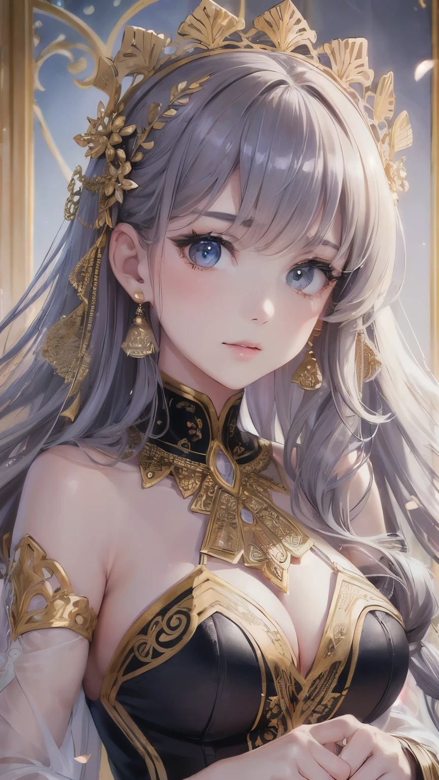 (Masterpiece) 8K resolution, Immortal Queen, Beautiful boy blooms, Green long hair, browneyes, Gray-gray eyes, Smile, Fantasy style,