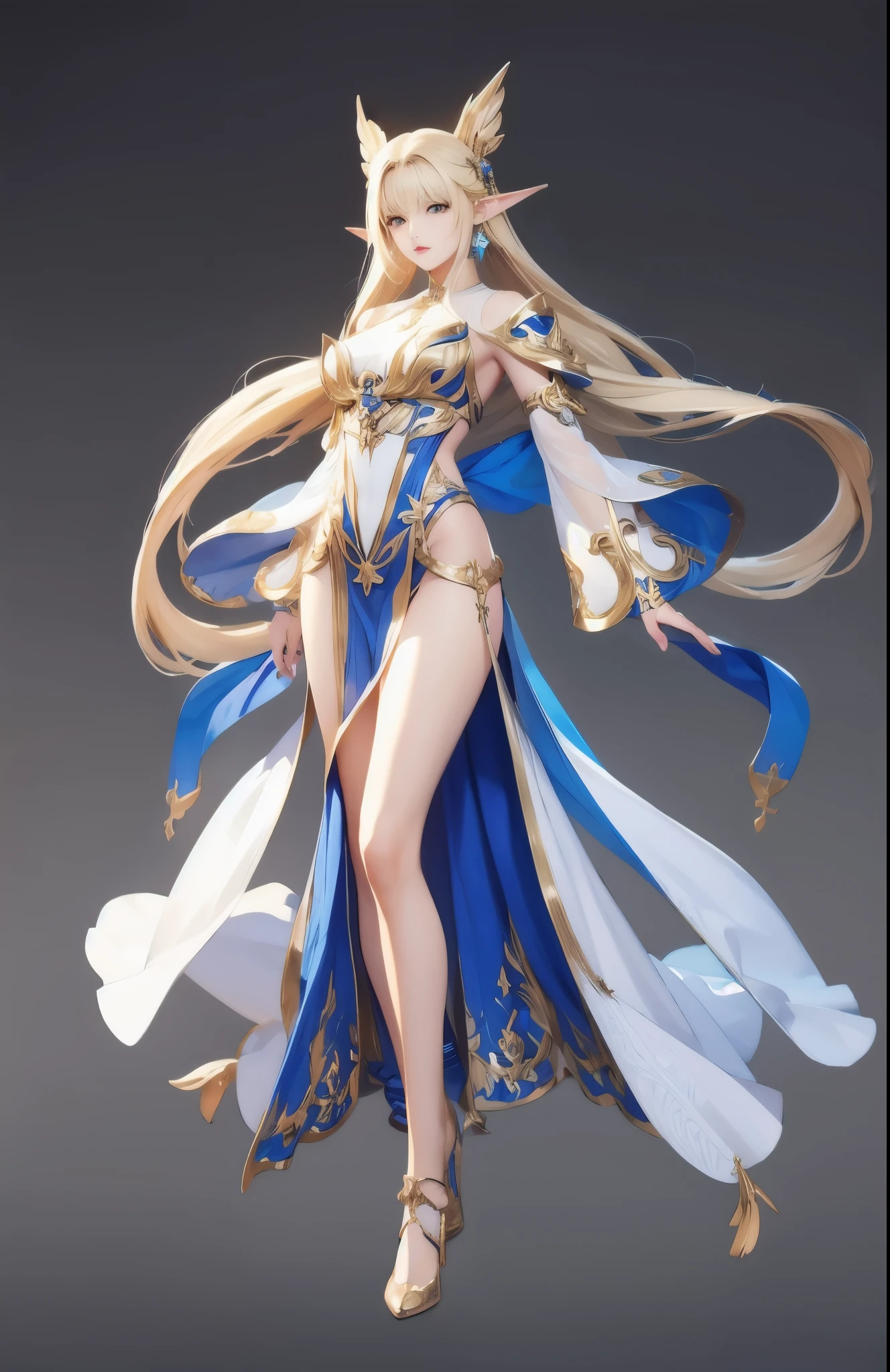 ((masterpiece, best quality)),concept art, woman,, Detailed face，pointed ears, full body details, full of details, Very detailed, depth, many parts, long blonde hair，Angel。beautiful woman, muscular body, saint attire clothes,Angel翅膀。（Blade and Soul style）High heel,jewelry, braid, earrings,stand