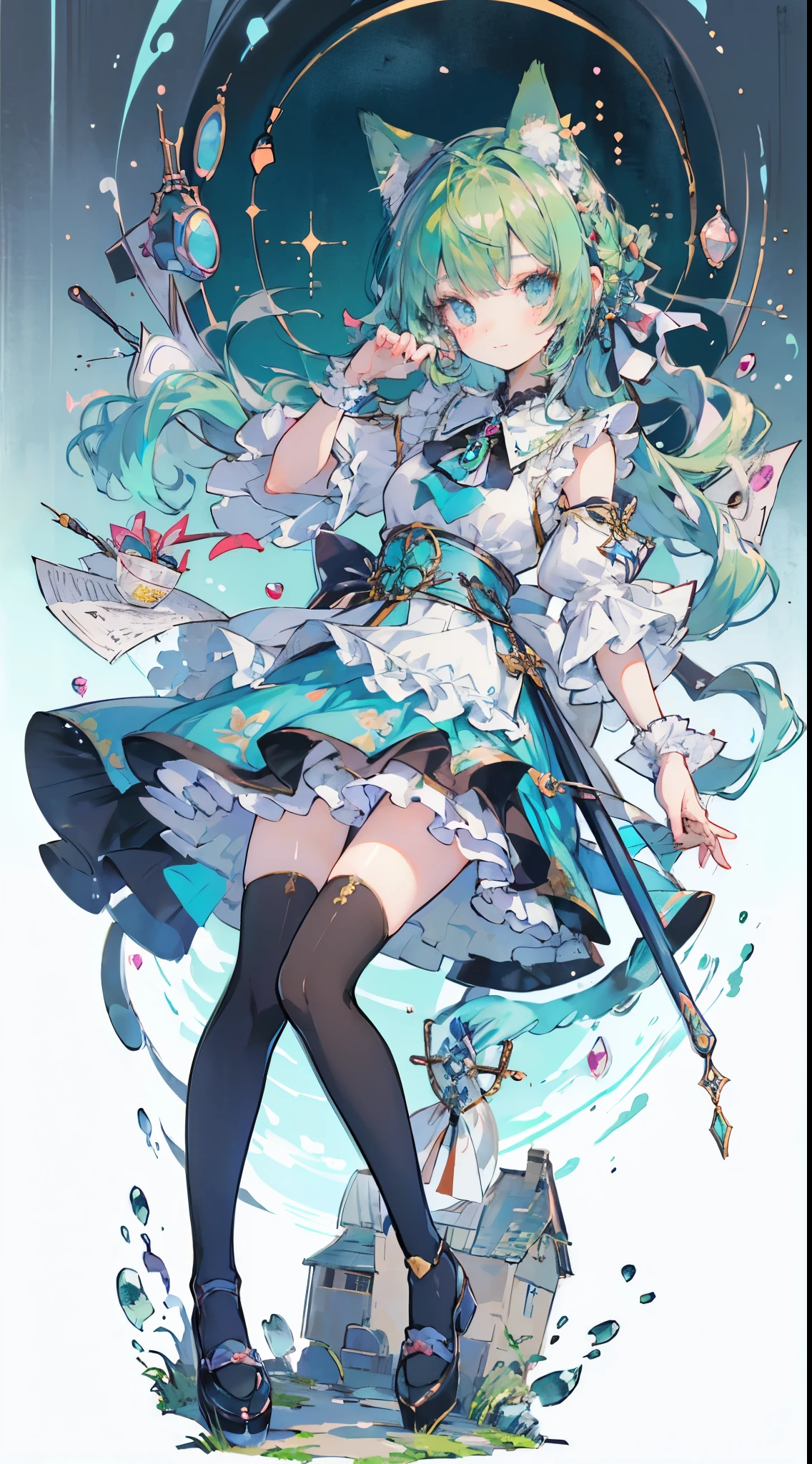 ((table top, highest quality: 1.1), ((Anime girl in a blue dress with a magic wand)), art nouveau、Anime cat girl wearing a maid costume, , ((Green hairs))、long haired person、((Eyes that shine like jewels, long eyelashes, and a sense of transparency))、Very Beautiful Anime cat girl, アニメcat girl, ((white knee highs)), 魅力的なcat girl, I'm at the candy store,Inspired by Leiko Ikemura, Aya Takano color style, in ryuuou no oshigoto art style, cat girl, A character you admire, rei hiroe、Smiling