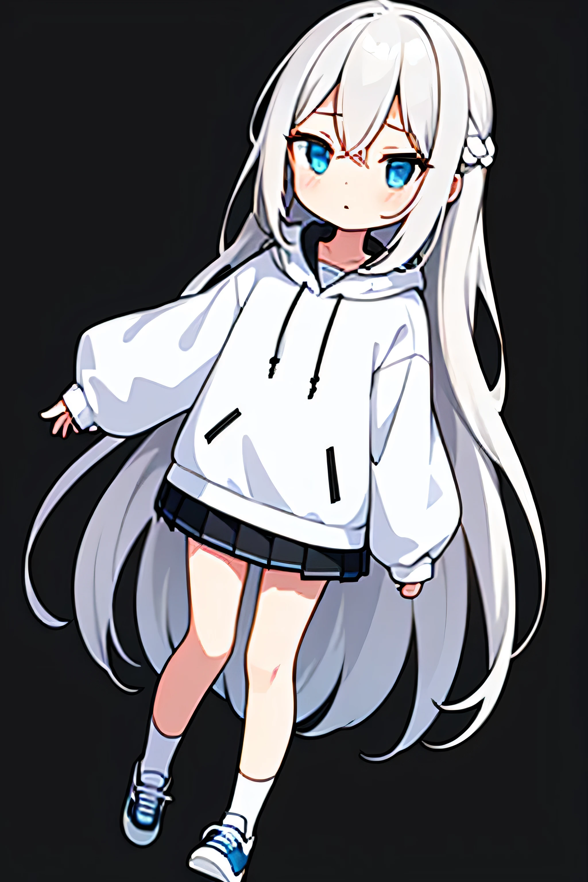 1girl, anime girl, silver white hair, long hair, blue eyes, white hoodie, black skirt, short skirt, shoes, black sock, long sock, full body, blank background
