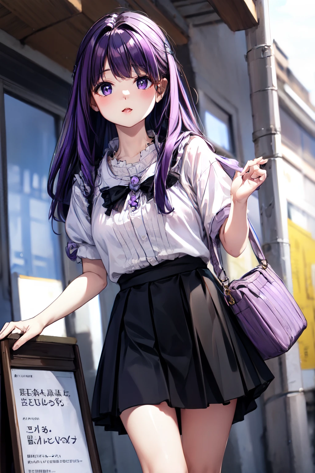 <lora:dating_attire_style2_v2:0.55> dating attire, sweater jacket, necktie, collared shirt, brown skirt, belt,  <lora:Fern:1> FernFrieren, very long hair, purple eyes, (purple pupils),, ultra detailed, masterpiece, best quality, aesthetic, detailed,