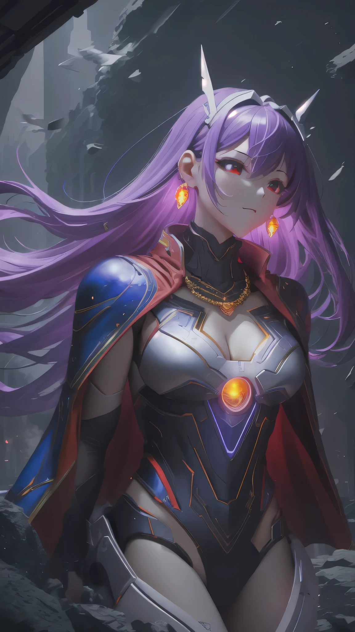 最high quality、best image quality、masterpiece、girl((20-year-old、 By becoming、vest bust、medium bust,wide open breast tea、shining eyes, neon hair、long hair、thin,highest valley、Black Hero Suit、Red Hero Mask、blue cloak、scream、full body tattoo,diamond earrings、Wristband、necklace,dual sword style)),high quality、beautiful art、background((night、red thunder、storm、gust of wind、tornado))、Flight、debris flies、Depth of written boundary、movie、visual art、perfect art、8k,genuine、