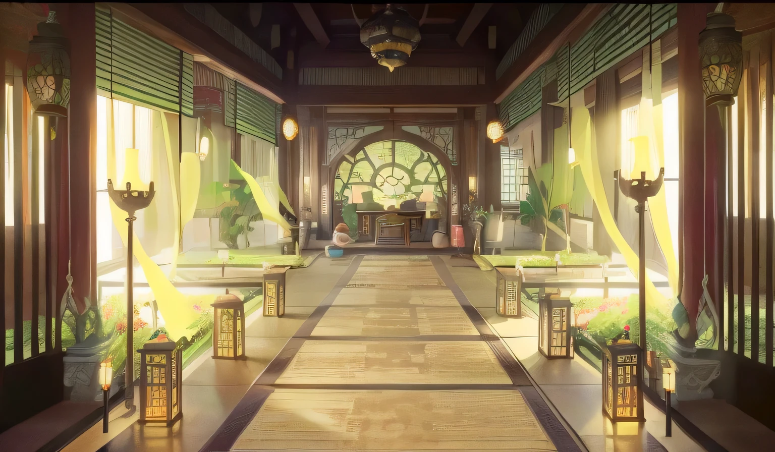 Chinese fairy tale scene，Chinese ancient building lobby，There is a long corridor，have many windows，There is a statue in the middle, There is a meditation statue in the center of the lobby，《The Legend of Korra》setting, anime scenery concept art, library of ruina concept art, traditional japanese concept art, anime background art, interior background art, symmetry!! concept art, Madhouse studio anime style, relaxing concept art, Beautiful renderings of the Tang Dynasty, Zen temple background